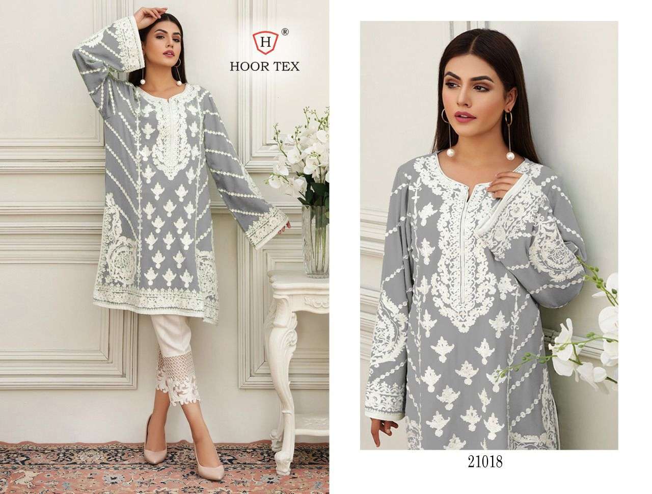 HOOR TEX 21018 COLOURS BY HOOR TEX 21018 TO 21018-E SERIES DESIGNER ANARKALI SUITS COLLECTION BEAUTIFUL STYLISH FANCY COLORFUL PARTY WEAR & OCCASIONAL WEAR HEAVY COTTON EMBROIDERED DRESSES AT WHOLESALE PRICE