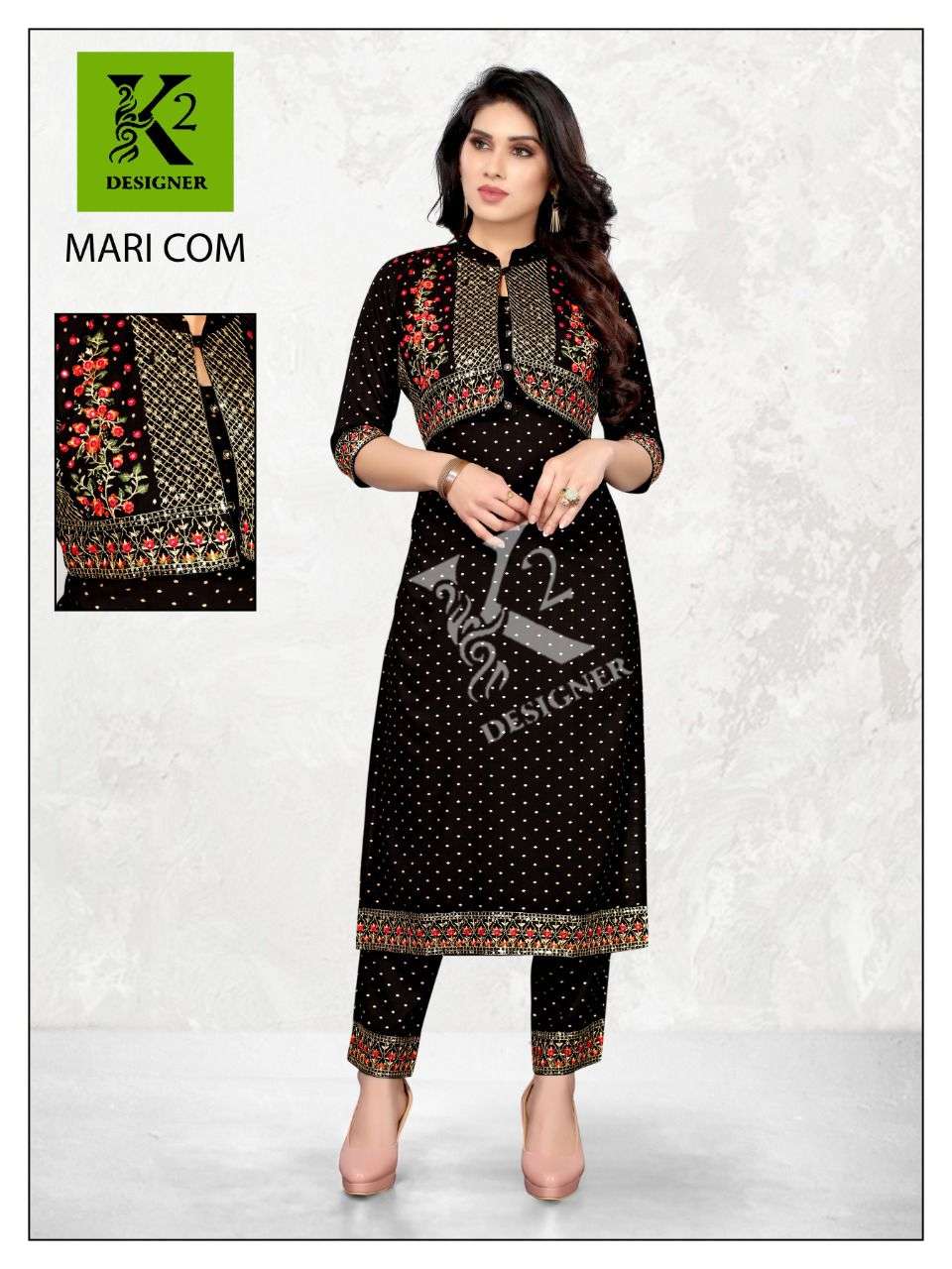 MARI COM BY K2 DESIGNER DESIGNER STYLISH FANCY COLORFUL BEAUTIFUL PARTY WEAR & ETHNIC WEAR COLLECTION RAYON EMBROIDERED KURTIS WITH BOTTOM AT WHOLESALE PRICE