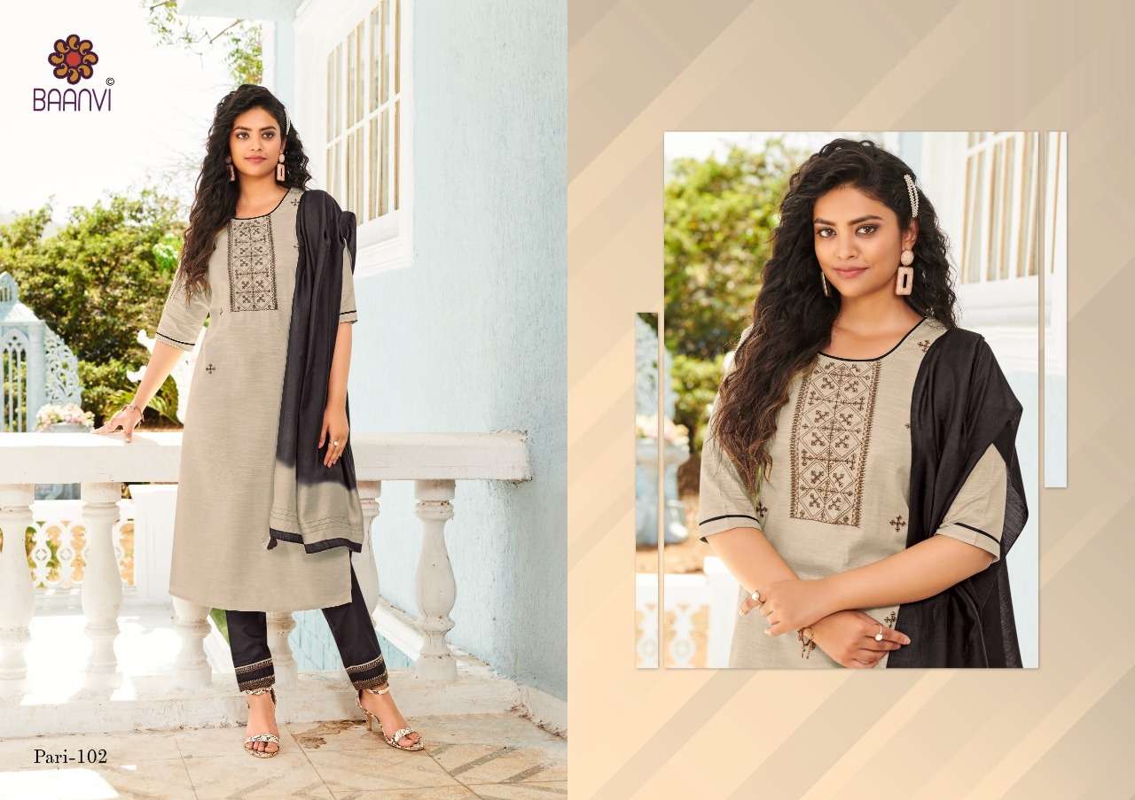 PARI VOL-1 BY BAANVI 101 TO 105 SERIES BEAUTIFUL SUITS COLORFUL STYLISH FANCY CASUAL WEAR & ETHNIC WEAR HEAVY COTTON EMBROIDERED DRESSES AT WHOLESALE PRICE
