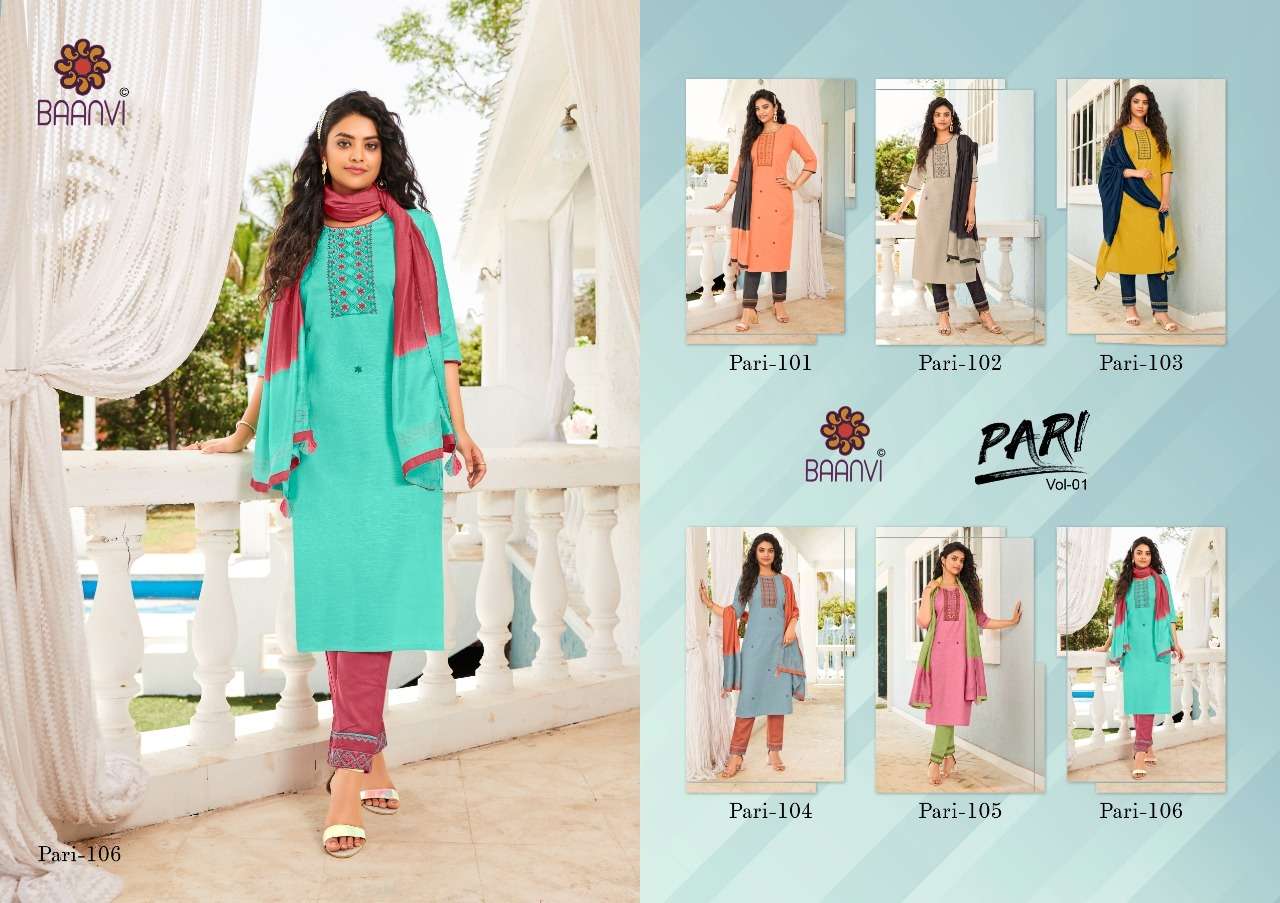 PARI VOL-1 BY BAANVI 101 TO 105 SERIES BEAUTIFUL SUITS COLORFUL STYLISH FANCY CASUAL WEAR & ETHNIC WEAR HEAVY COTTON EMBROIDERED DRESSES AT WHOLESALE PRICE