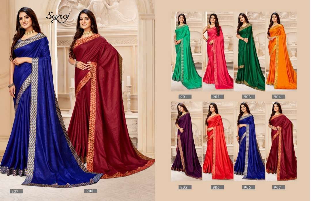 KALPANA BY SAROJ 901 TO 908 SERIES INDIAN TRADITIONAL WEAR COLLECTION BEAUTIFUL STYLISH FANCY COLORFUL PARTY WEAR & OCCASIONAL WEAR VICHITRA SILK SAREES AT WHOLESALE PRICE