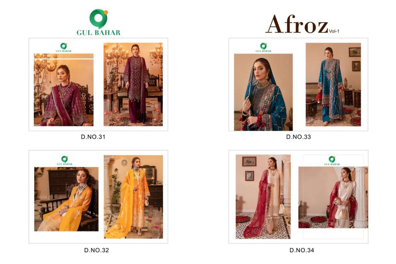 AFROZ BY GUL BAHAR 31 TO 34 SERIES BEAUTIFUL PAKISTANI SUITS COLORFUL STYLISH FANCY CASUAL WEAR & ETHNIC WEAR HEAVY FAUX GEORGETTE DRESSES AT WHOLESALE PRICE