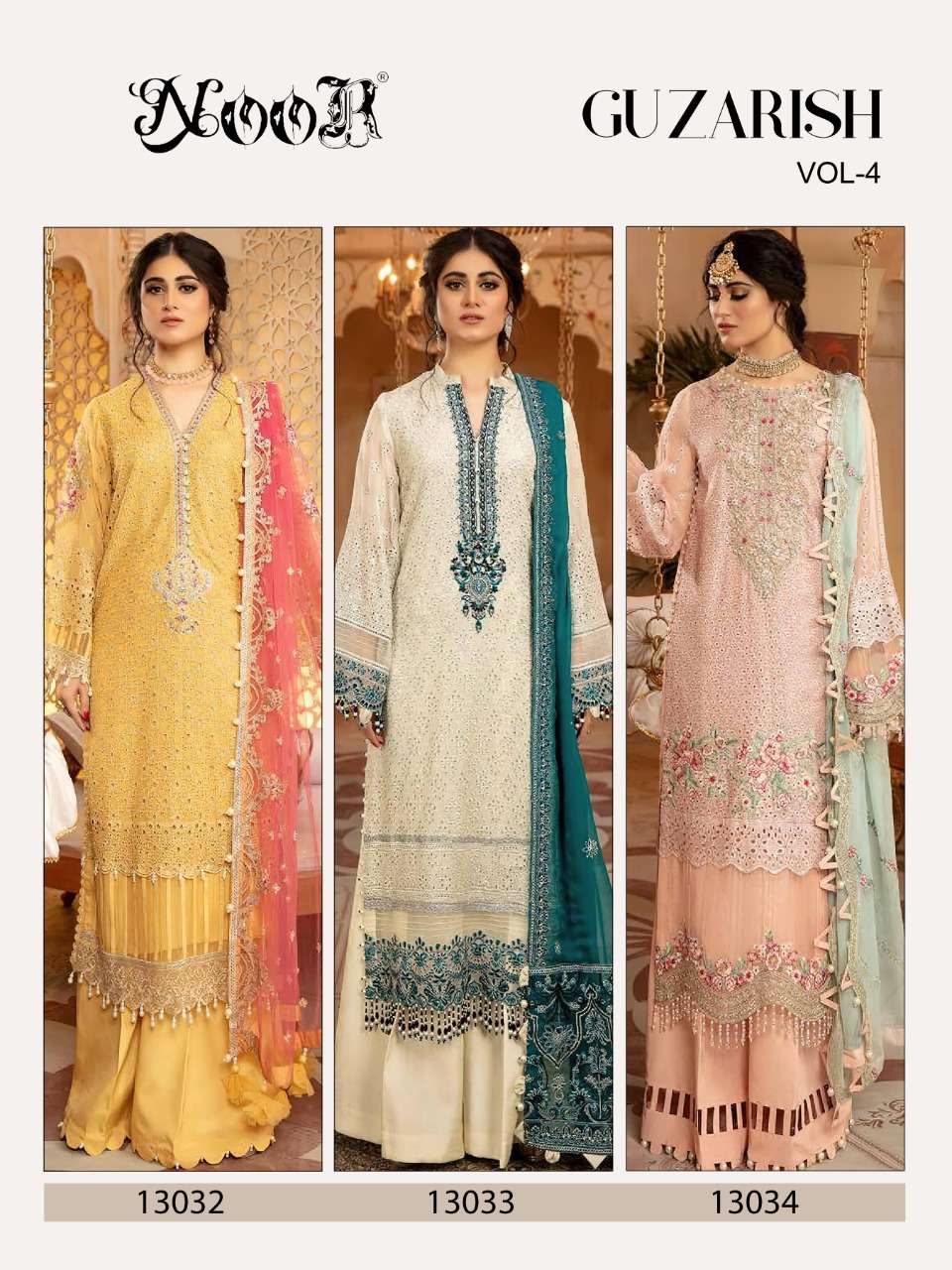 Guzarish Vol-4 By Noor 13032 To 13034 Series Pakistani Suits Beautiful Fancy Colorful Stylish Party Wear & Occasional Wear Heavy Georgette Embroidered Dresses At Wholesale Price