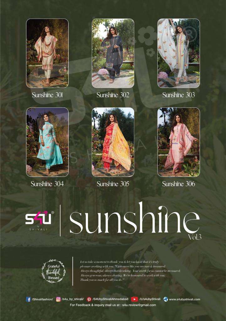 SUNSHINE VOL-3 BY S4U FASHION 301 TO 306 SERIES BEAUTIFUL SUITS COLORFUL STYLISH FANCY CASUAL WEAR & ETHNIC WEAR SILK DRESSES AT WHOLESALE PRICE