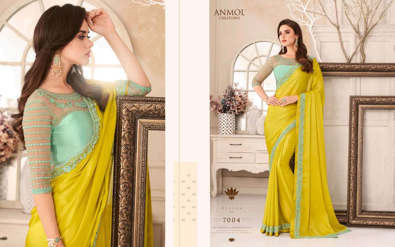 EXOTIQUE BY ANMOL CREATION 7001 TO 7014 SERIES INDIAN TRADITIONAL WEAR COLLECTION BEAUTIFUL STYLISH FANCY COLORFUL PARTY WEAR & OCCASIONAL WEAR SATIN CHIFFON/GEORGETTE SAREES AT WHOLESALE PRICE