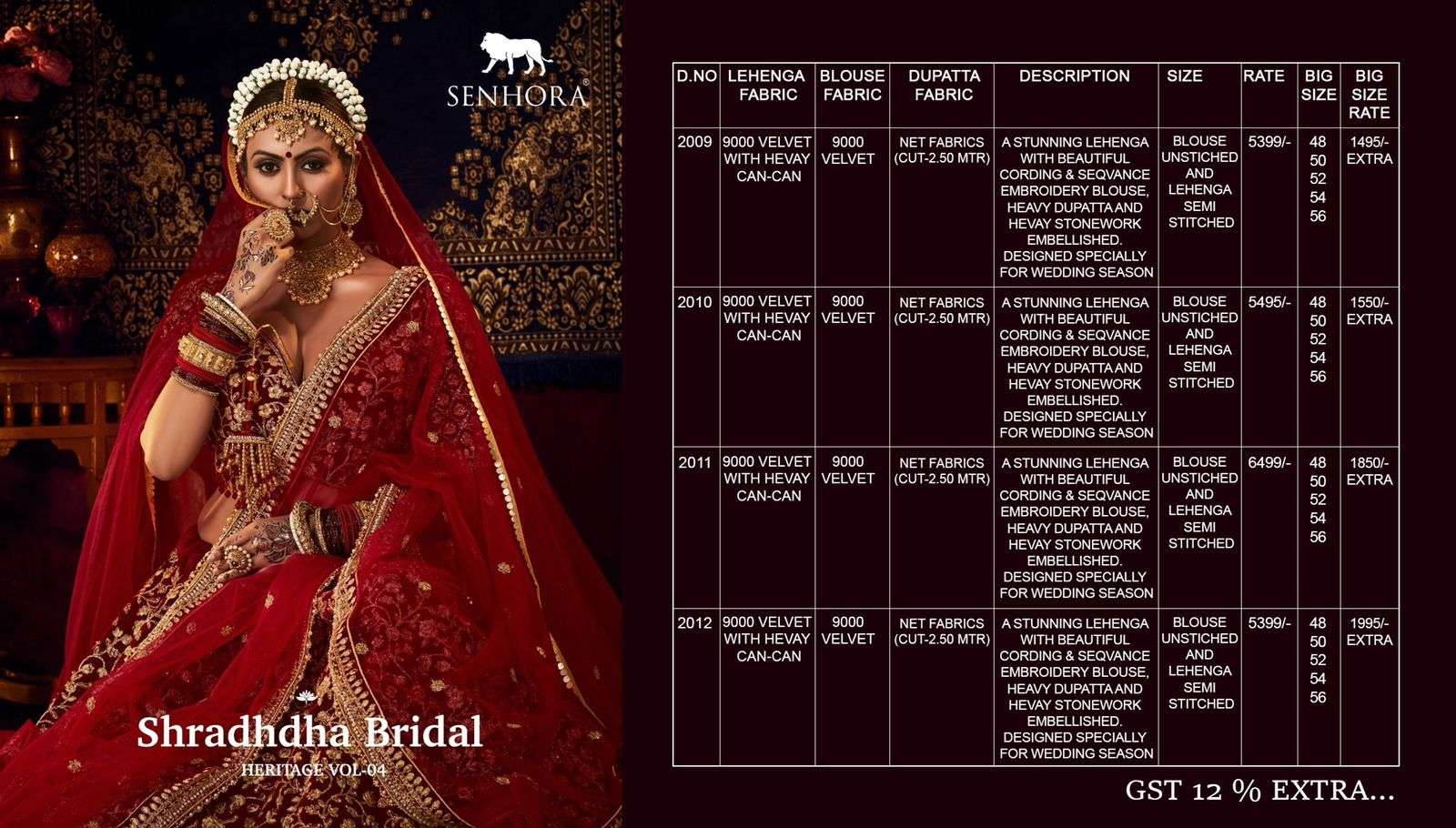 HERITAGE VOL-4 BY SENHORA DRESSES 2009 TO 2012 SERIES BEAUTIFUL COLORFUL FANCY WEDDING COLLECTION OCCASIONAL WEAR & PARTY WEAR NET EMBROIDERY LEHENGAS AT WHOLESALE PRICE
