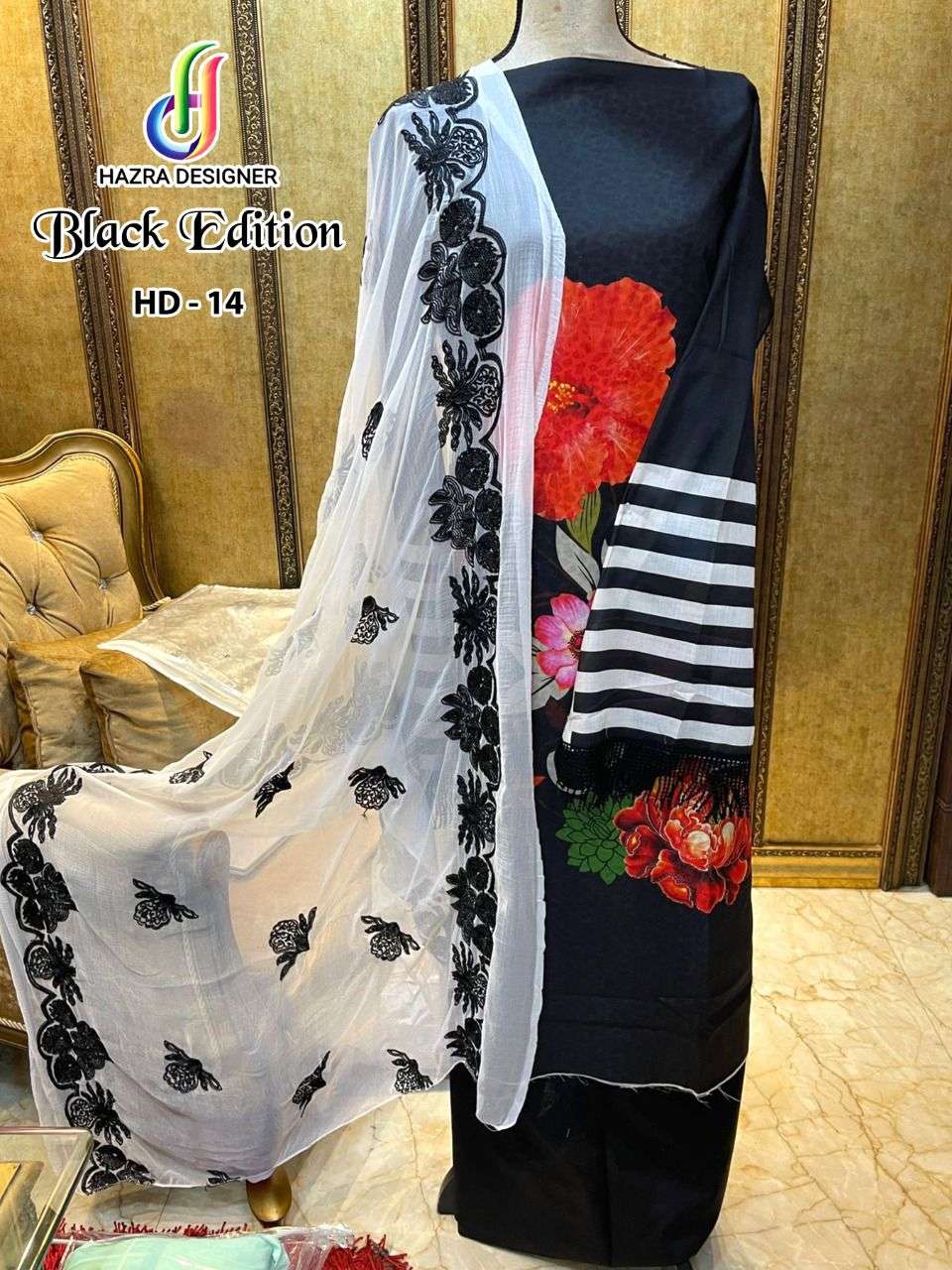 HAZRA HIT DESIGN 14 BLACK EDITION BY HAZRA DESIGNER PAKISTANI SUITS BEAUTIFUL FANCY COLORFUL STYLISH PARTY WEAR & OCCASIONAL WEAR CAMBRIC COTTON DIGITAL PRINT DRESSES AT WHOLESALE PRICE