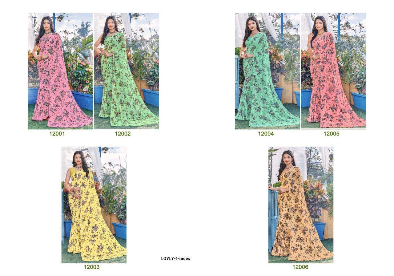 LOVELY VOL-4 BY SHREE MATARAM 12001 TO 12006 SERIES INDIAN TRADITIONAL WEAR COLLECTION BEAUTIFUL STYLISH FANCY COLORFUL PARTY WEAR & OCCASIONAL WEAR GEORGETTE PRINT SAREES AT WHOLESALE PRICE