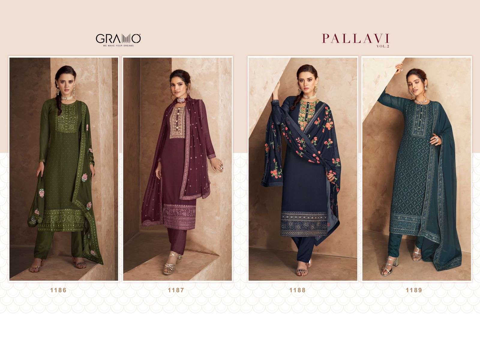 Pallavi Vol-2 By Gramo 1186 To 1189 Series Beautiful Suits Colorful Stylish Fancy Casual Wear & Ethnic Wear Heavy Faux Georgette Dresses At Wholesale Price