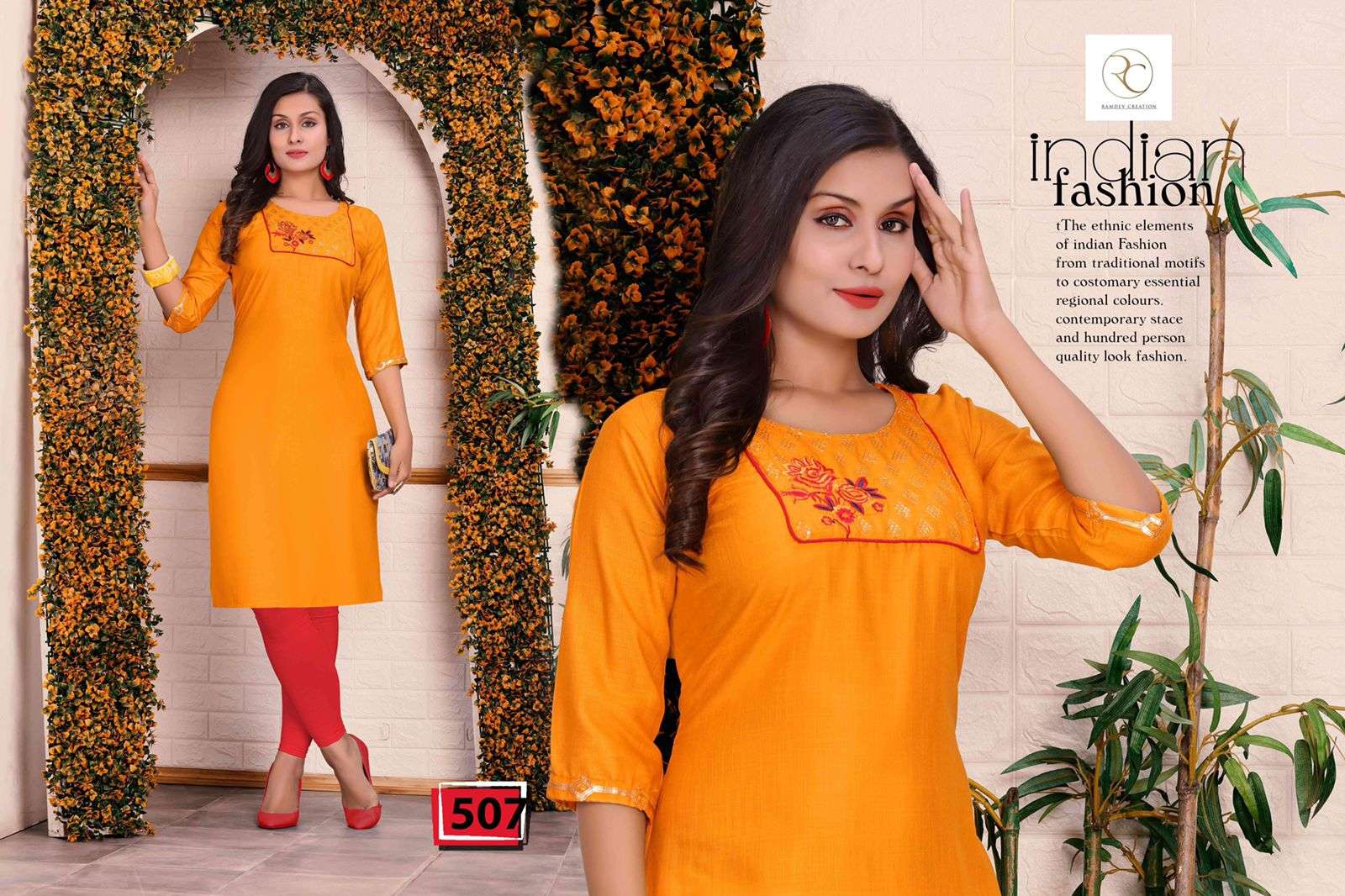 FLORA BY RC 501 TO 508 SERIES DESIGNER STYLISH FANCY COLORFUL BEAUTIFUL PARTY WEAR & ETHNIC WEAR COLLECTION RAYON WITH WORK KURTIS AT WHOLESALE PRICE