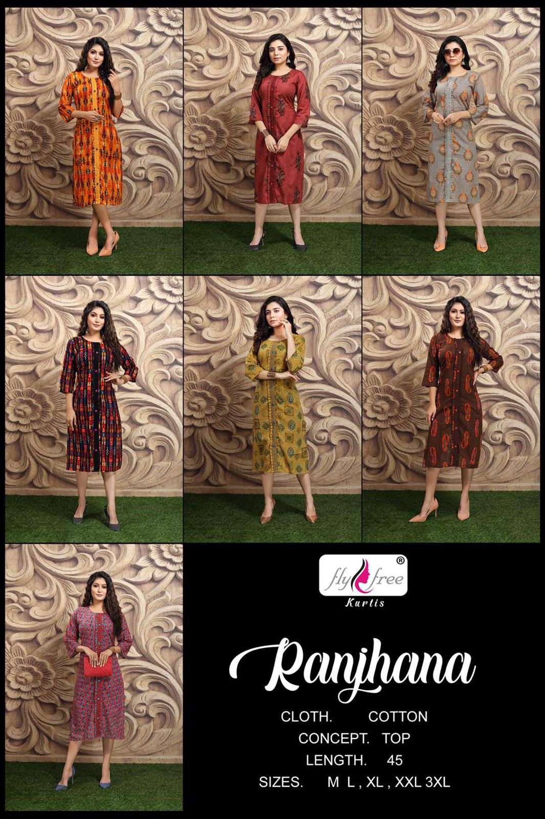 RANJHANA BY FLY FREE 1001 TO 1007 SERIES DESIGNER STYLISH FANCY COLORFUL BEAUTIFUL PARTY WEAR & ETHNIC WEAR COLLECTION COTTON PRINT KURTIS AT WHOLESALE PRICE