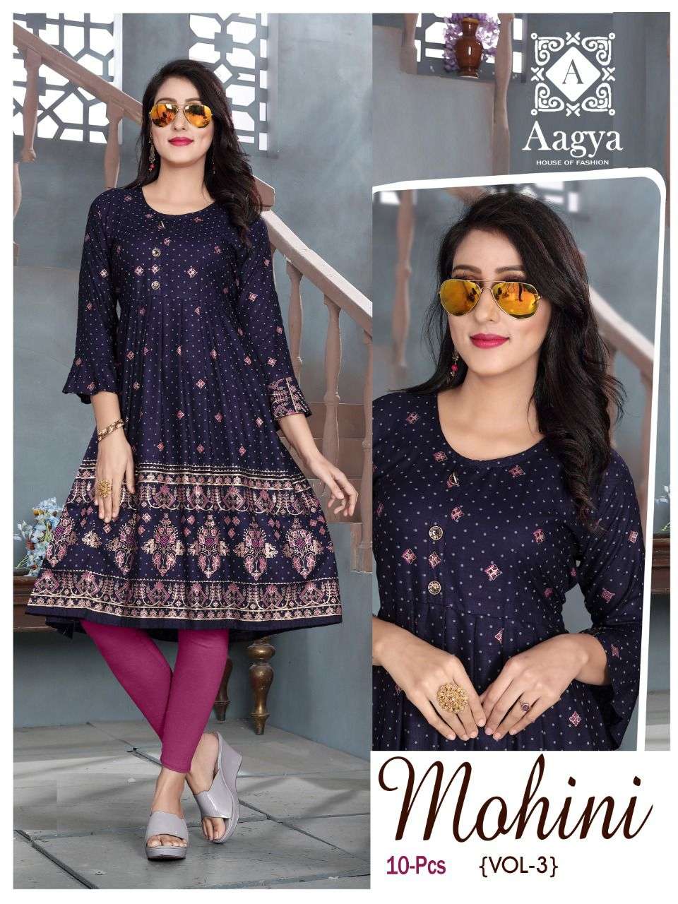 MOHINI VOL-3 BY AAGYA 01 TO 10 SERIES DESIGNER STYLISH FANCY COLORFUL BEAUTIFUL PARTY WEAR & ETHNIC WEAR COLLECTION RAYON GOLD PRINT KURTIS AT WHOLESALE PRICE