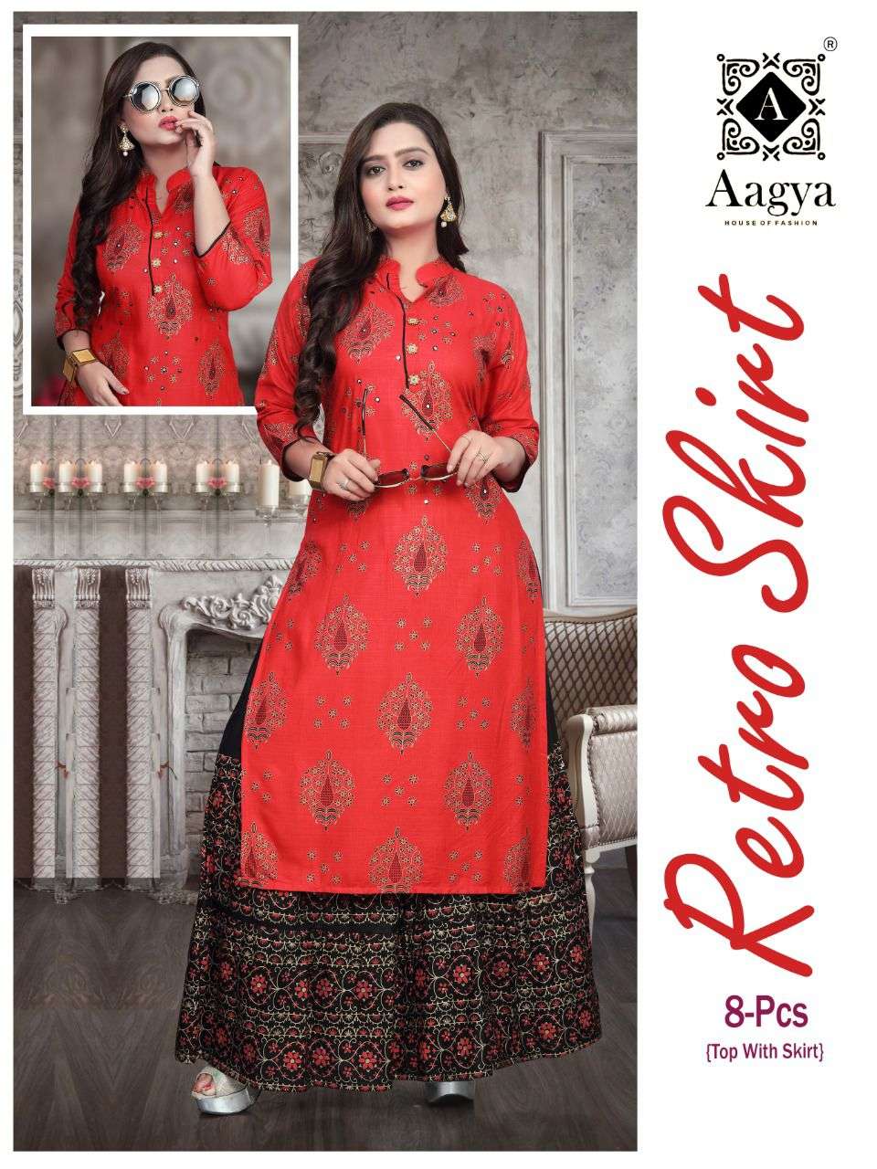 RETRO SKIRT VOL-2 BY AAGYA 001 TO 008 SERIES DESIGNER STYLISH FANCY COLORFUL BEAUTIFUL PARTY WEAR & ETHNIC WEAR COLLECTION RAYON SLUB KURTIS WITH BOTTOM AT WHOLESALE PRICE