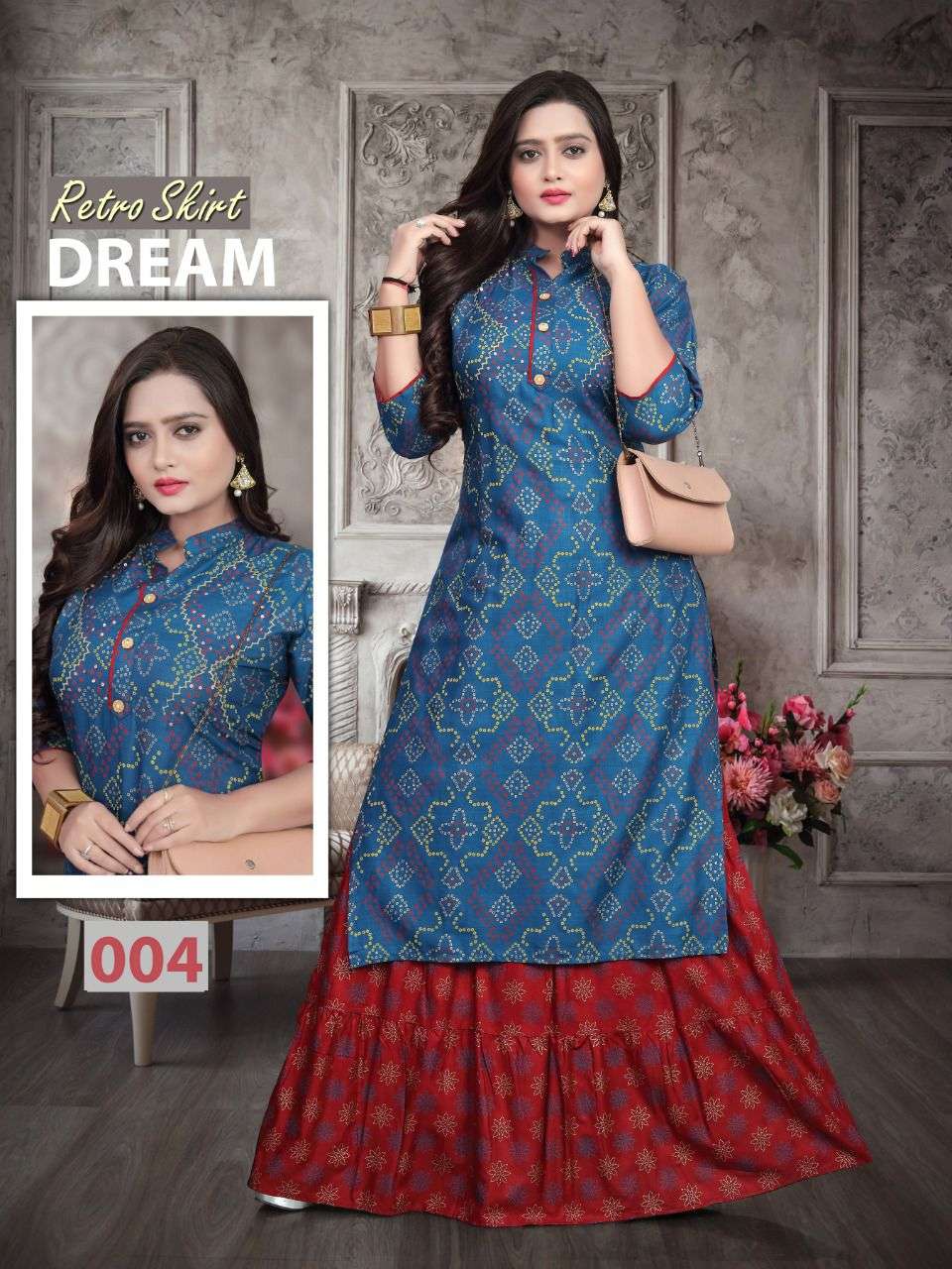 RETRO SKIRT VOL-2 BY AAGYA 001 TO 008 SERIES DESIGNER STYLISH FANCY COLORFUL BEAUTIFUL PARTY WEAR & ETHNIC WEAR COLLECTION RAYON SLUB KURTIS WITH BOTTOM AT WHOLESALE PRICE