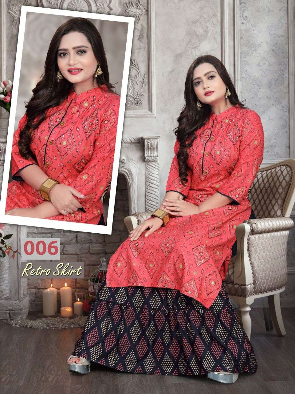 RETRO SKIRT VOL-2 BY AAGYA 001 TO 008 SERIES DESIGNER STYLISH FANCY COLORFUL BEAUTIFUL PARTY WEAR & ETHNIC WEAR COLLECTION RAYON SLUB KURTIS WITH BOTTOM AT WHOLESALE PRICE