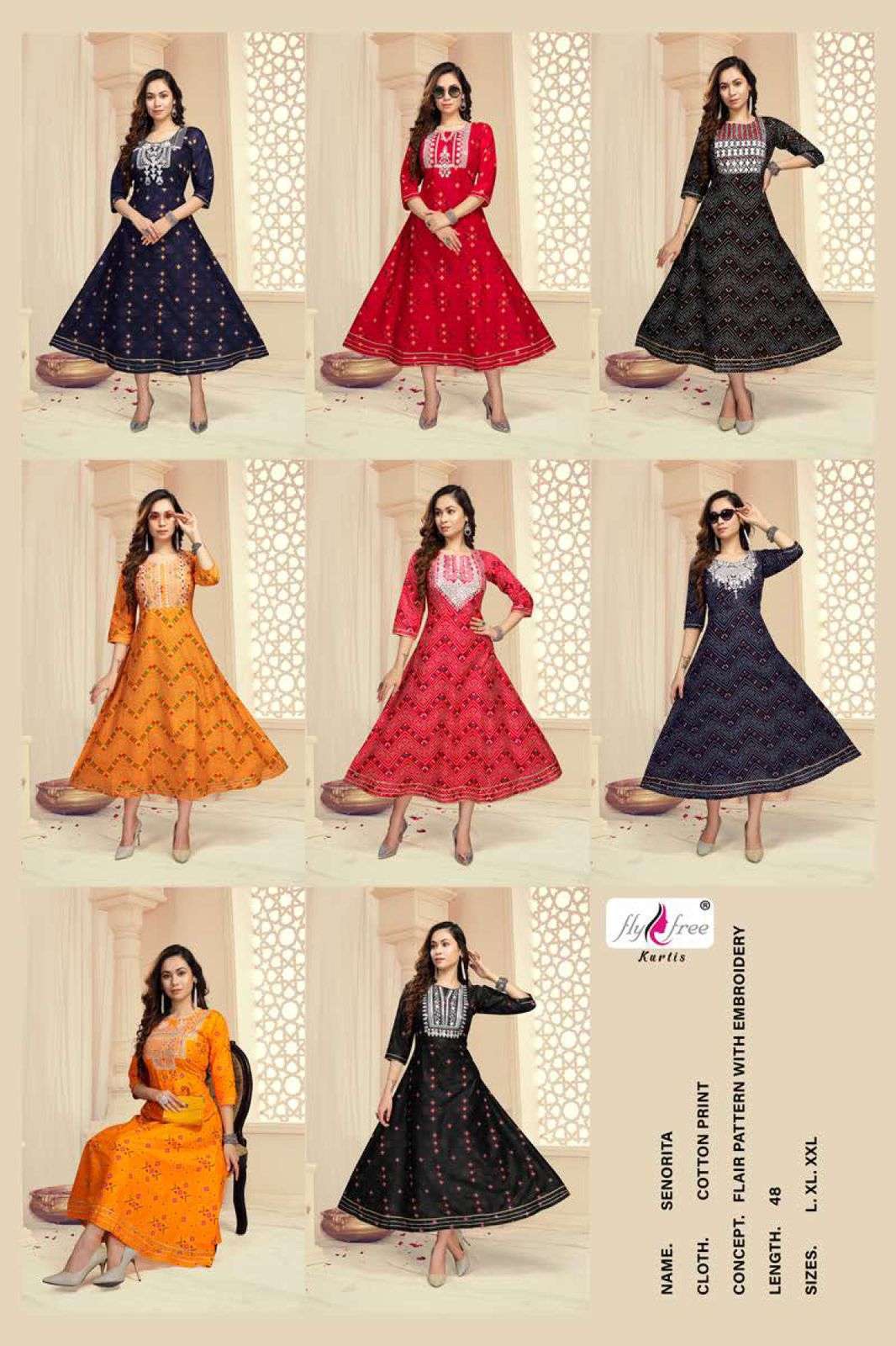SENORITA BY FLY FREE 1001 TO 1008 SERIES DESIGNER STYLISH FANCY COLORFUL BEAUTIFUL PARTY WEAR & ETHNIC WEAR COLLECTION COTTON PRINT KURTIS AT WHOLESALE PRICE
