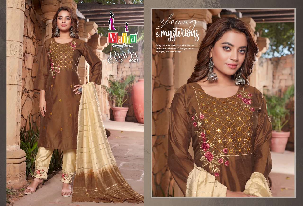 RAAVYA VOL-6 BY MAIRA 6001 TO 6008 SERIES BEAUTIFUL SUITS COLORFUL STYLISH FANCY CASUAL WEAR & ETHNIC WEAR HEAVY SILK DRESSES AT WHOLESALE PRICE