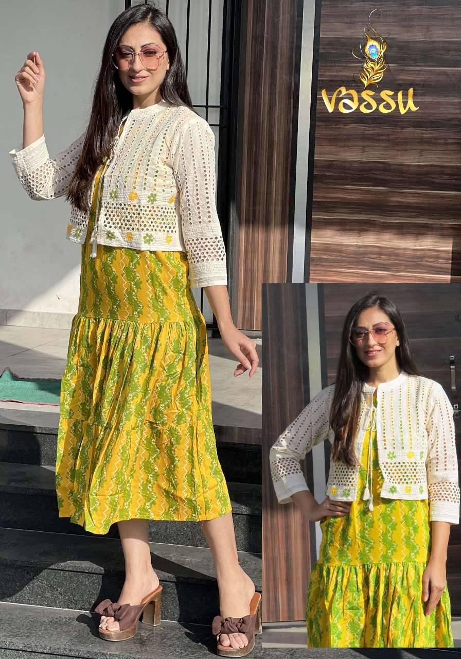 SUMMER COOL BY VASSU 01 TO 04 SERIES BEAUTIFUL STYLISH FANCY COLORFUL CASUAL WEAR & ETHNIC WEAR HEAVY RAYON PRINT GOWNS WITH JACKET AT WHOLESALE PRICE