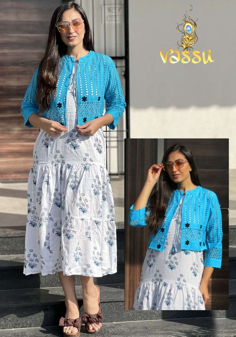 SUMMER COOL BY VASSU 01 TO 04 SERIES BEAUTIFUL STYLISH FANCY COLORFUL CASUAL WEAR & ETHNIC WEAR HEAVY RAYON PRINT GOWNS WITH JACKET AT WHOLESALE PRICE