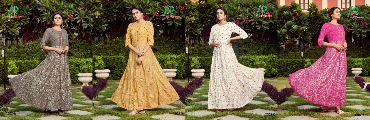 KALI GOWN BY ART RIDDHS 1001-A TO 1006-D SERIES BEAUTIFUL STYLISH FANCY COLORFUL CASUAL WEAR & ETHNIC WEAR RAYON PRINT GOWNS AT WHOLESALE PRICE