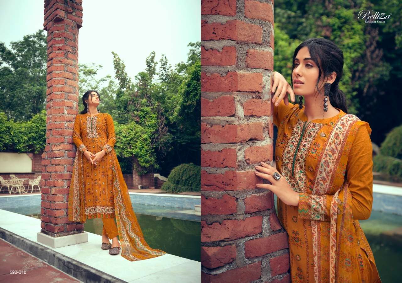 NAINPREET BY BELLIZA 592-001 TO 592-010 SERIES BEAUTIFUL STYLISH SUITS FANCY COLORFUL CASUAL WEAR & ETHNIC WEAR & READY TO WEAR PURE COTTON PRINTED DRESSES AT WHOLESALE PRICE