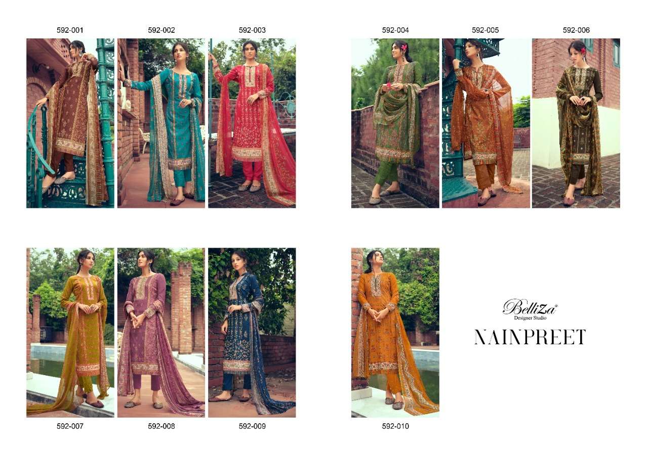 NAINPREET BY BELLIZA 592-001 TO 592-010 SERIES BEAUTIFUL STYLISH SUITS FANCY COLORFUL CASUAL WEAR & ETHNIC WEAR & READY TO WEAR PURE COTTON PRINTED DRESSES AT WHOLESALE PRICE