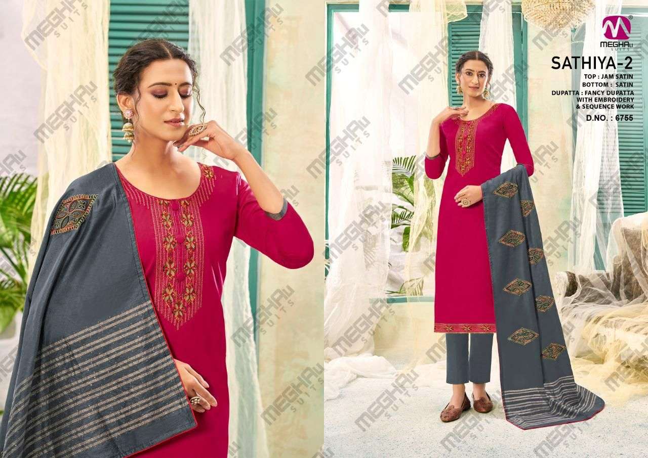 SATHIYA VOL-2 BY MEGHALI SUITS 6753 TO 6758 SERIES BEAUTIFUL SUITS COLORFUL STYLISH FANCY CASUAL WEAR & ETHNIC WEAR JAM SATIN DRESSES AT WHOLESALE PRICE