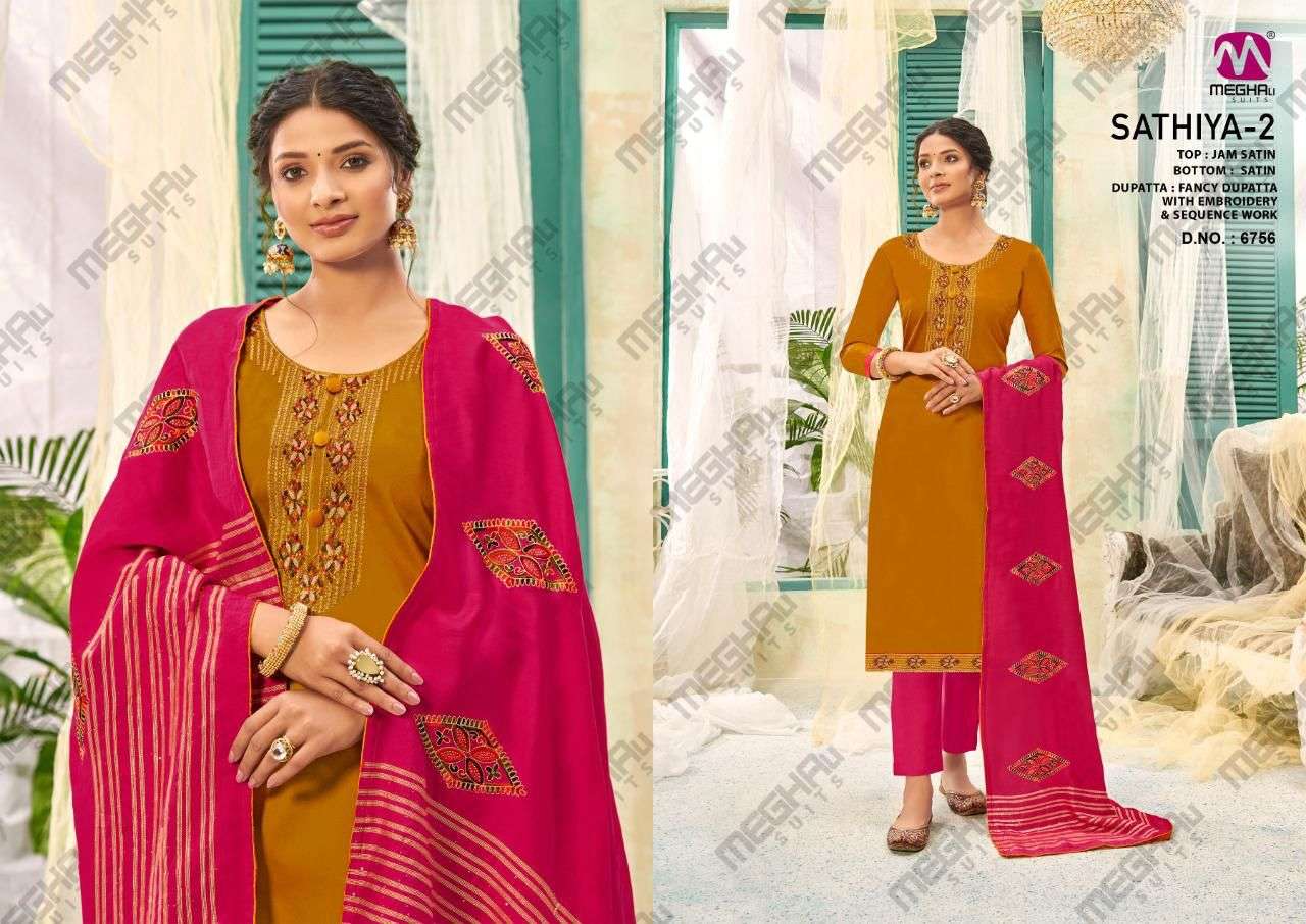 SATHIYA VOL-2 BY MEGHALI SUITS 6753 TO 6758 SERIES BEAUTIFUL SUITS COLORFUL STYLISH FANCY CASUAL WEAR & ETHNIC WEAR JAM SATIN DRESSES AT WHOLESALE PRICE