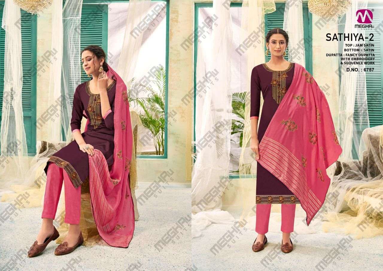 SATHIYA VOL-2 BY MEGHALI SUITS 6753 TO 6758 SERIES BEAUTIFUL SUITS COLORFUL STYLISH FANCY CASUAL WEAR & ETHNIC WEAR JAM SATIN DRESSES AT WHOLESALE PRICE