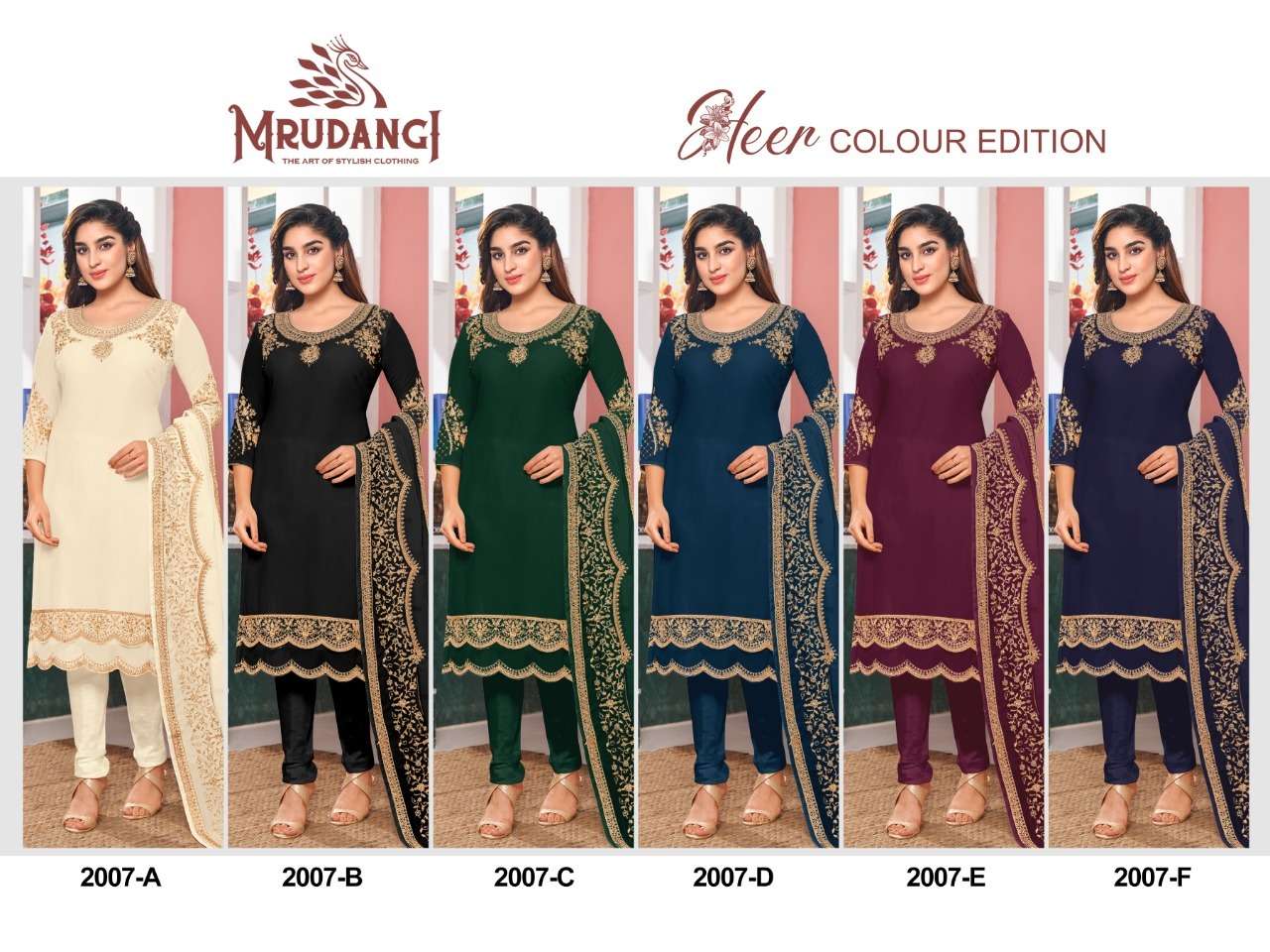 Heer Colour Edition By Mrudangi 2007-A To 2007-F Series Beautiful Stylish Suits Fancy Colorful Casual Wear & Ethnic Wear & Ready To Wear Heavy Faux Georgette Embroidered Dresses At Wholesale Price