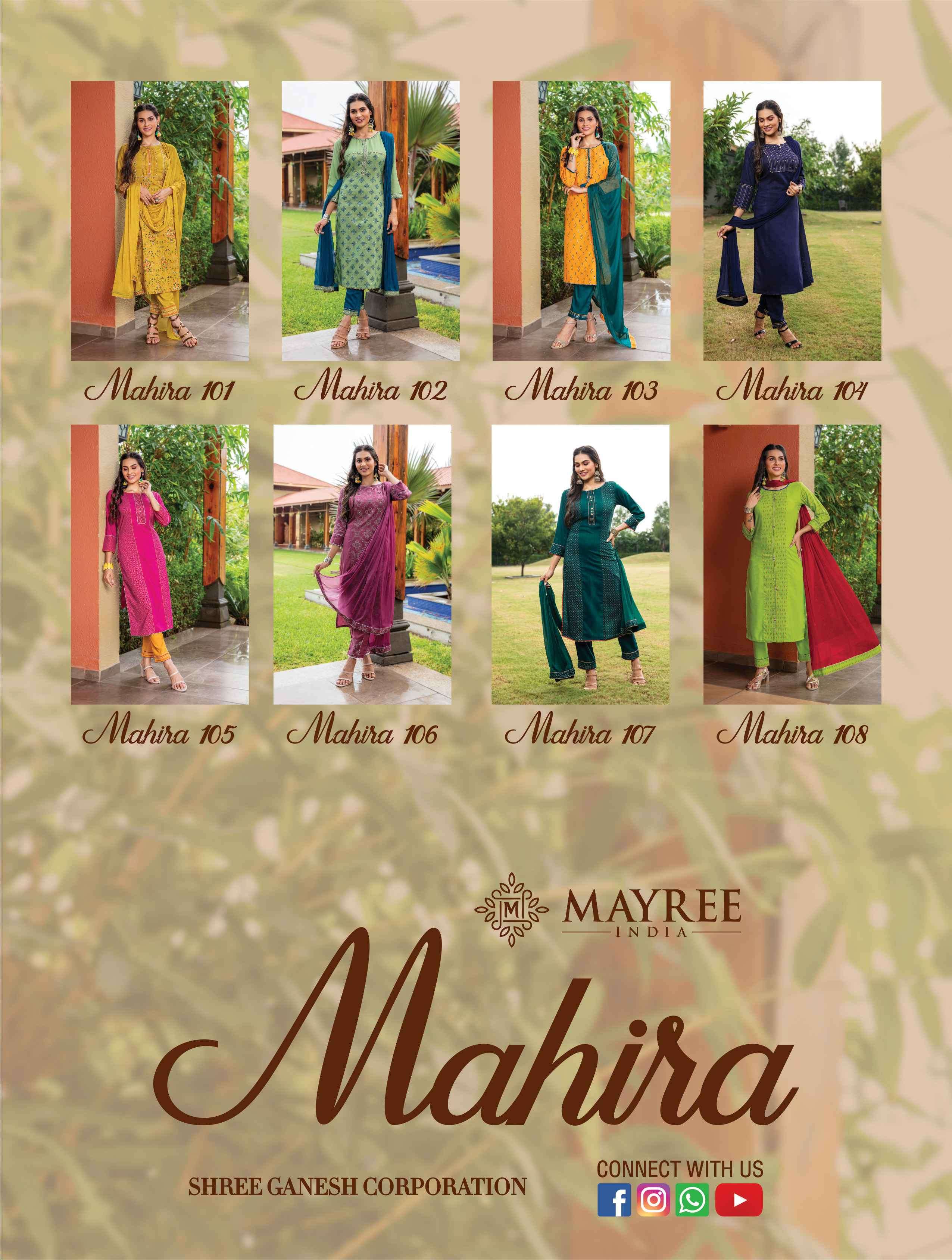 MAHIRA BY MAYREE 1001 TO 1008 SERIES BEAUTIFUL SUITS COLORFUL STYLISH FANCY CASUAL WEAR & ETHNIC WEAR HEAVY RAYON WITH WORK DRESSES AT WHOLESALE PRICE