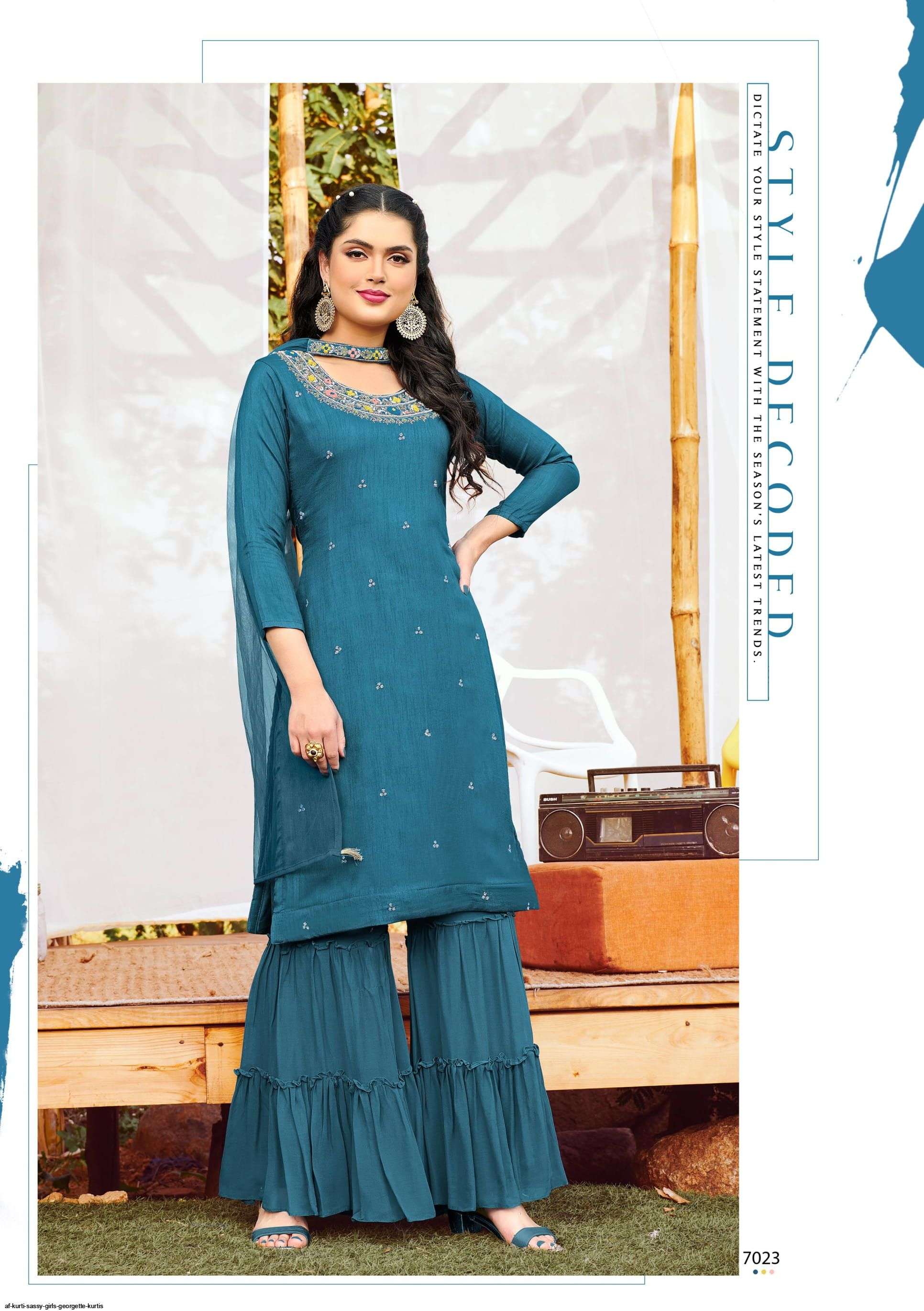 SASSY GIRLS BY AF 7021 TO 7026 SERIES BEAUTIFUL SHARARA SUITS COLORFUL STYLISH FANCY CASUAL WEAR & ETHNIC WEAR PURE DOLA DRESSES AT WHOLESALE PRICE