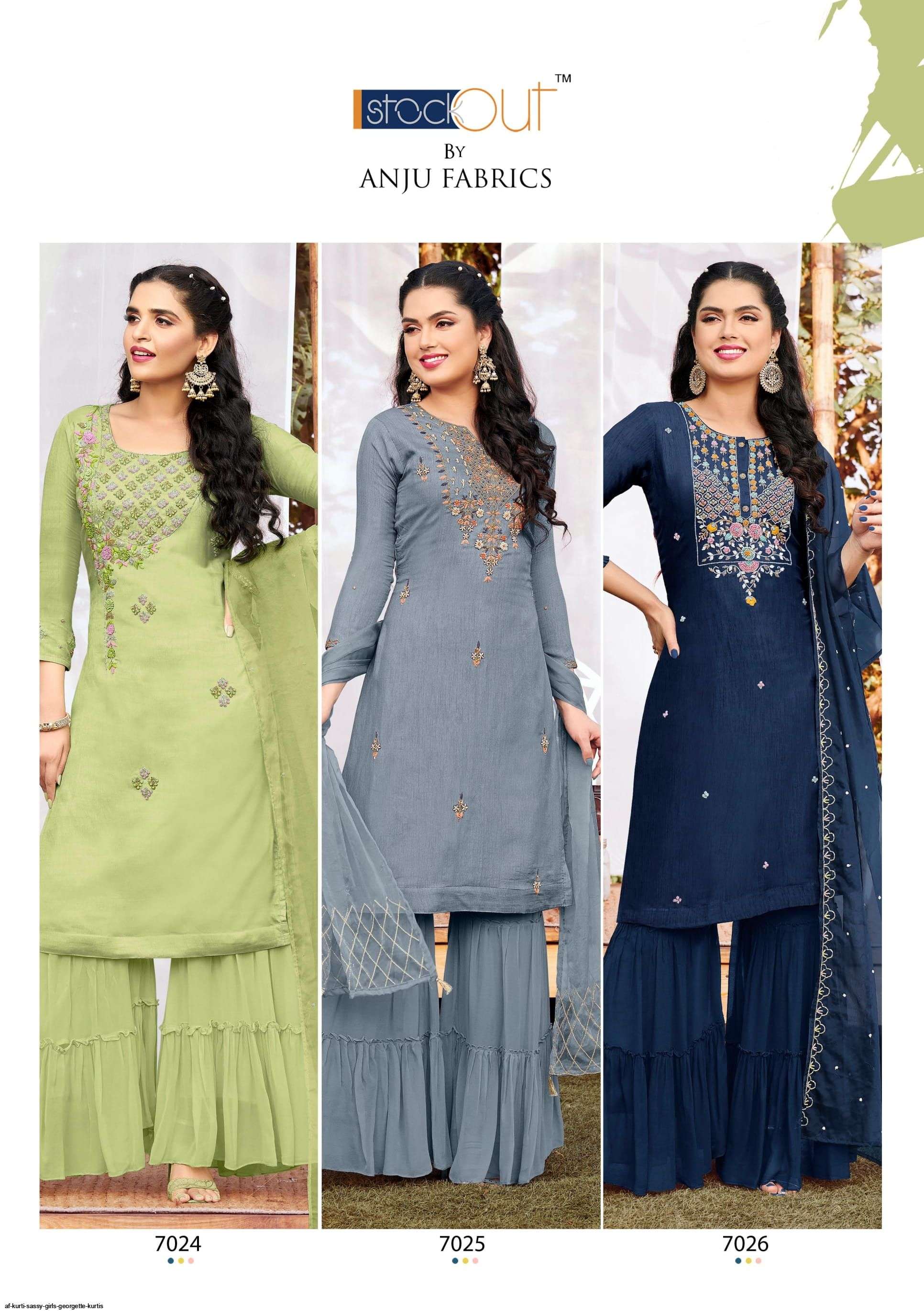 SASSY GIRLS BY AF 7021 TO 7026 SERIES BEAUTIFUL SHARARA SUITS COLORFUL STYLISH FANCY CASUAL WEAR & ETHNIC WEAR PURE DOLA DRESSES AT WHOLESALE PRICE