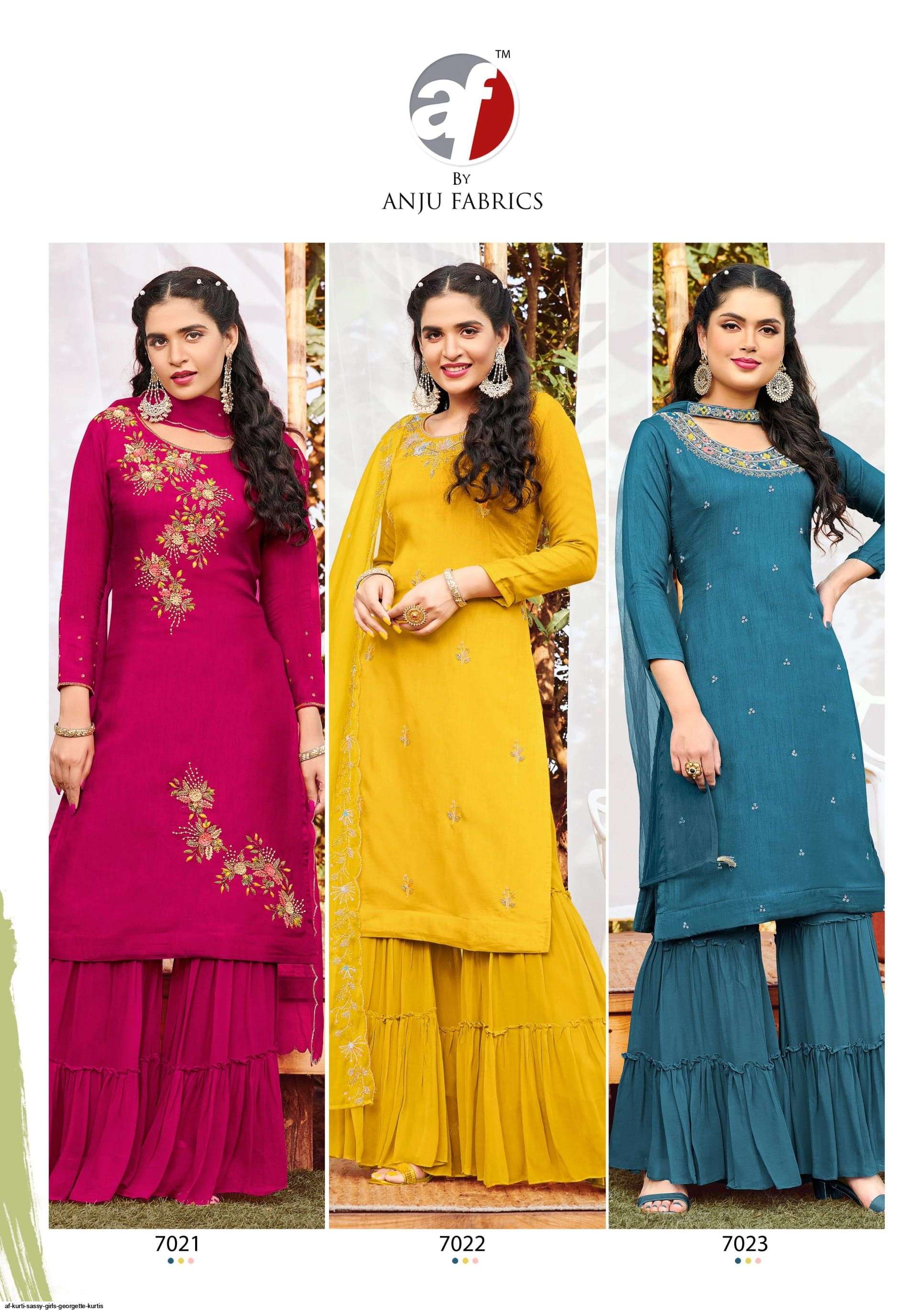 SASSY GIRLS BY AF 7021 TO 7026 SERIES BEAUTIFUL SHARARA SUITS COLORFUL STYLISH FANCY CASUAL WEAR & ETHNIC WEAR PURE DOLA DRESSES AT WHOLESALE PRICE