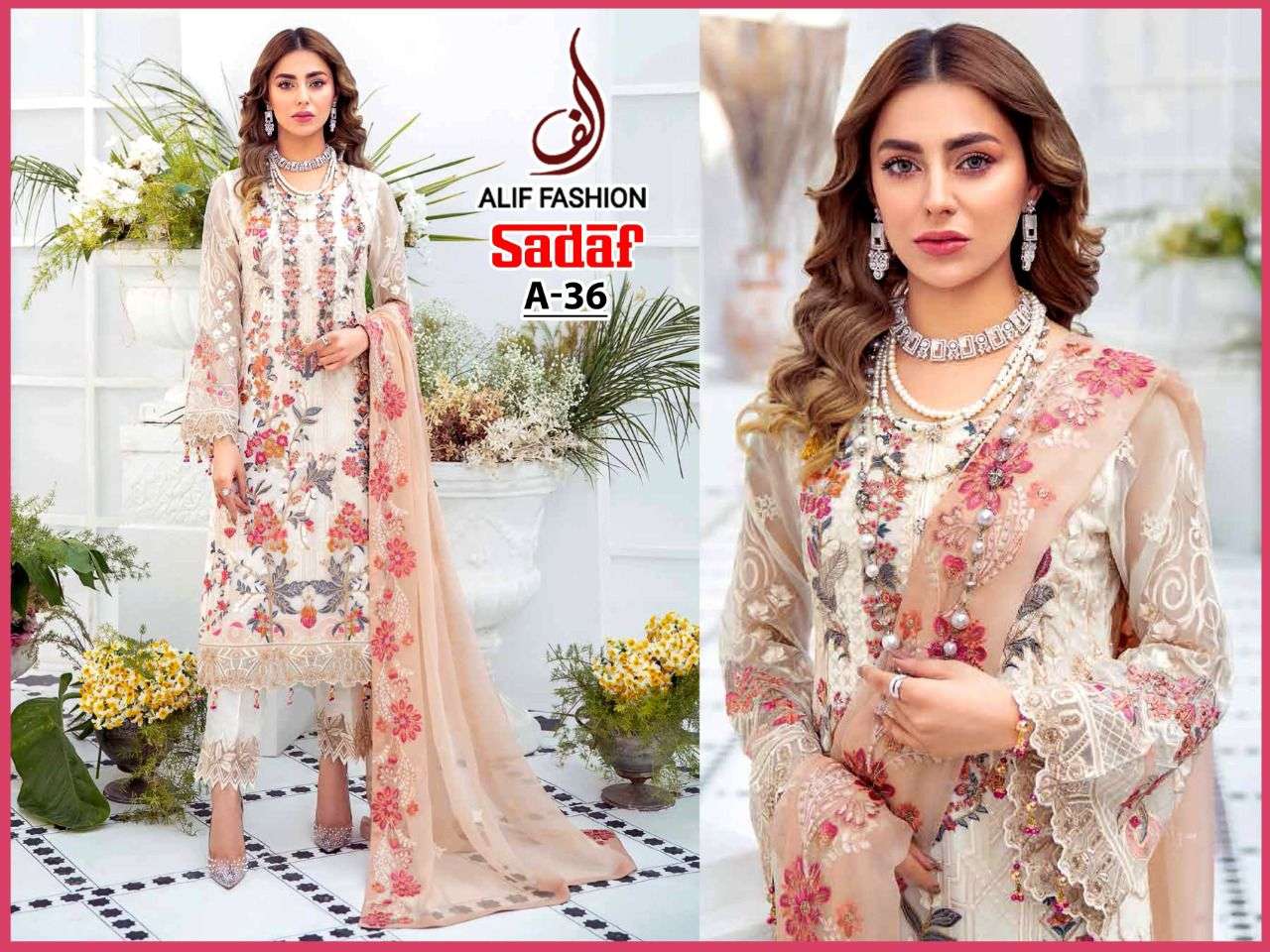 SADAF BY ALIF FASHION DESIGNER PAKISTANI SUITS BEAUTIFUL STYLISH FANCY COLORFUL PARTY WEAR & OCCASIONAL WEAR HEAVY GEORGETTE EMBROIDERY DRESSES AT WHOLESALE PRICE