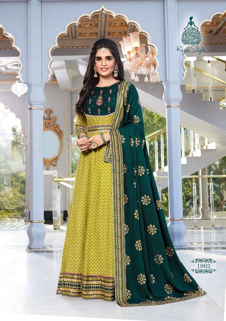 FASHION HIRVA BY KAJAL STYLE 1001 TO 1008 SERIES BEAUTIFUL STYLISH FANCY COLORFUL CASUAL WEAR & ETHNIC WEAR RAYON EMBROIDERED GOWNS WITH DUPATTA AT WHOLESALE PRICE