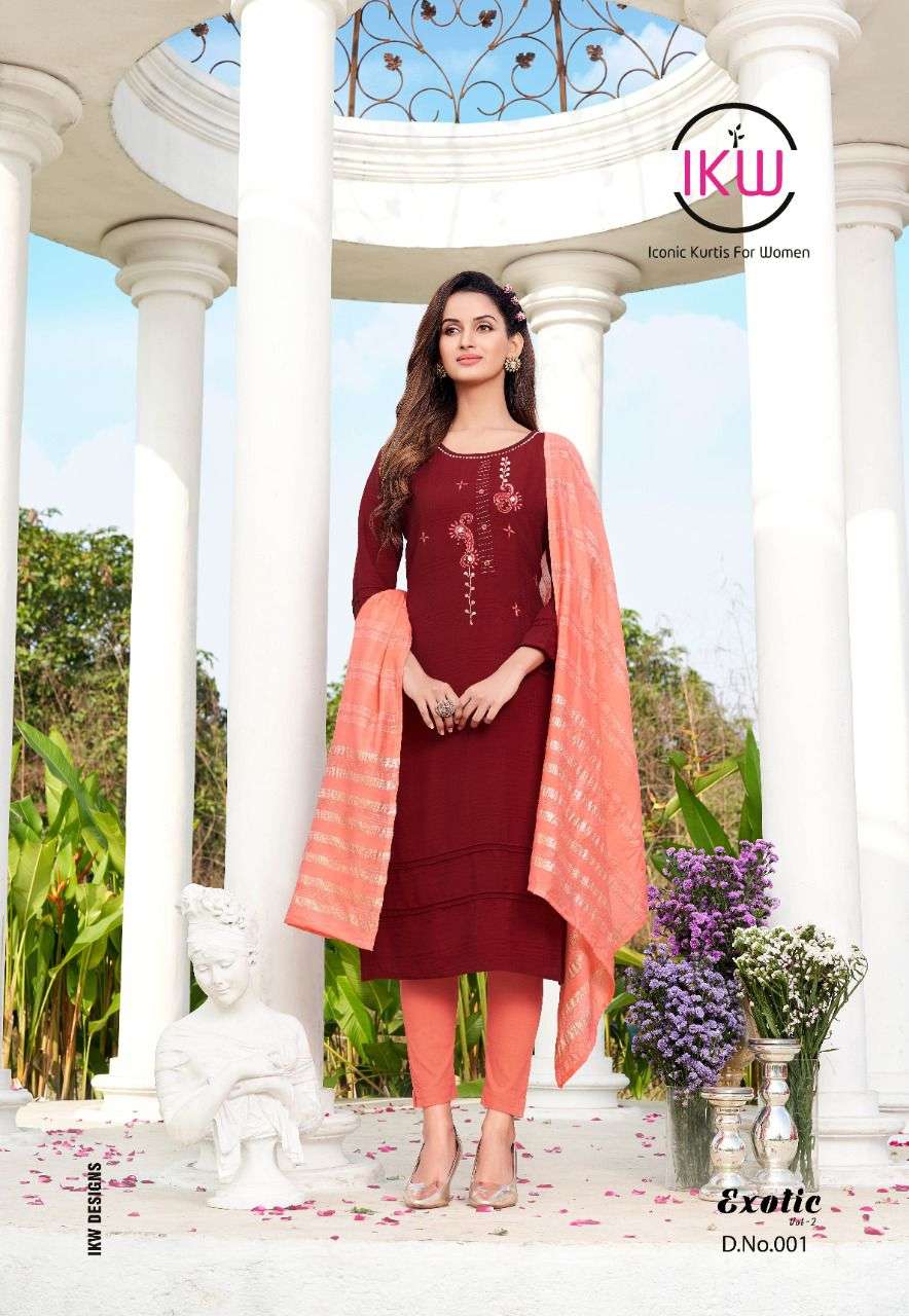 EXOTIC VOL-2 BY IKW 001 TO 006 SERIES DESIGNER STYLISH FANCY COLORFUL BEAUTIFUL PARTY WEAR & ETHNIC WEAR COLLECTION NYLON VISCOSE KURTIS WITH DUPATTA AT WHOLESALE PRICE