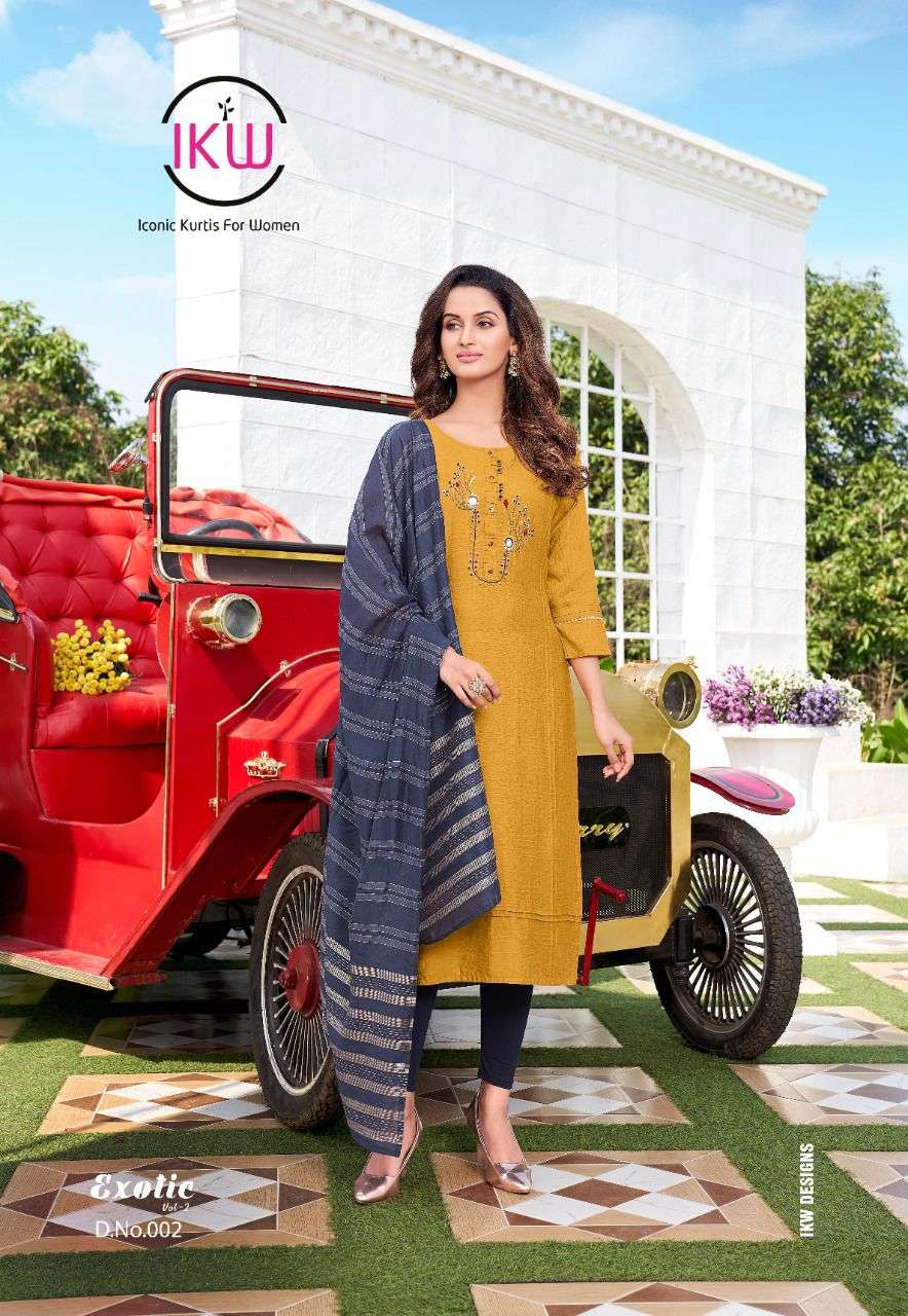 EXOTIC VOL-2 BY IKW 001 TO 006 SERIES DESIGNER STYLISH FANCY COLORFUL BEAUTIFUL PARTY WEAR & ETHNIC WEAR COLLECTION NYLON VISCOSE KURTIS WITH DUPATTA AT WHOLESALE PRICE