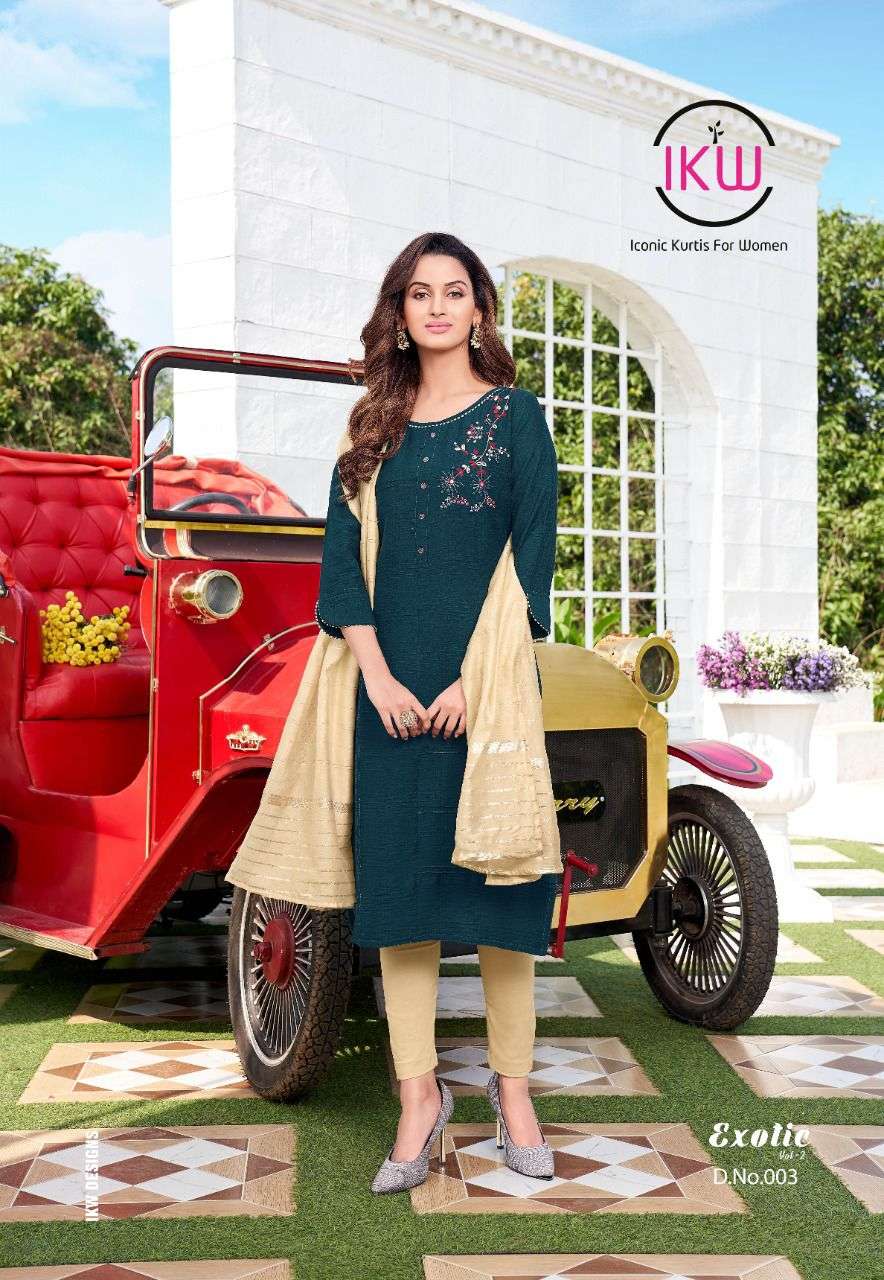 EXOTIC VOL-2 BY IKW 001 TO 006 SERIES DESIGNER STYLISH FANCY COLORFUL BEAUTIFUL PARTY WEAR & ETHNIC WEAR COLLECTION NYLON VISCOSE KURTIS WITH DUPATTA AT WHOLESALE PRICE
