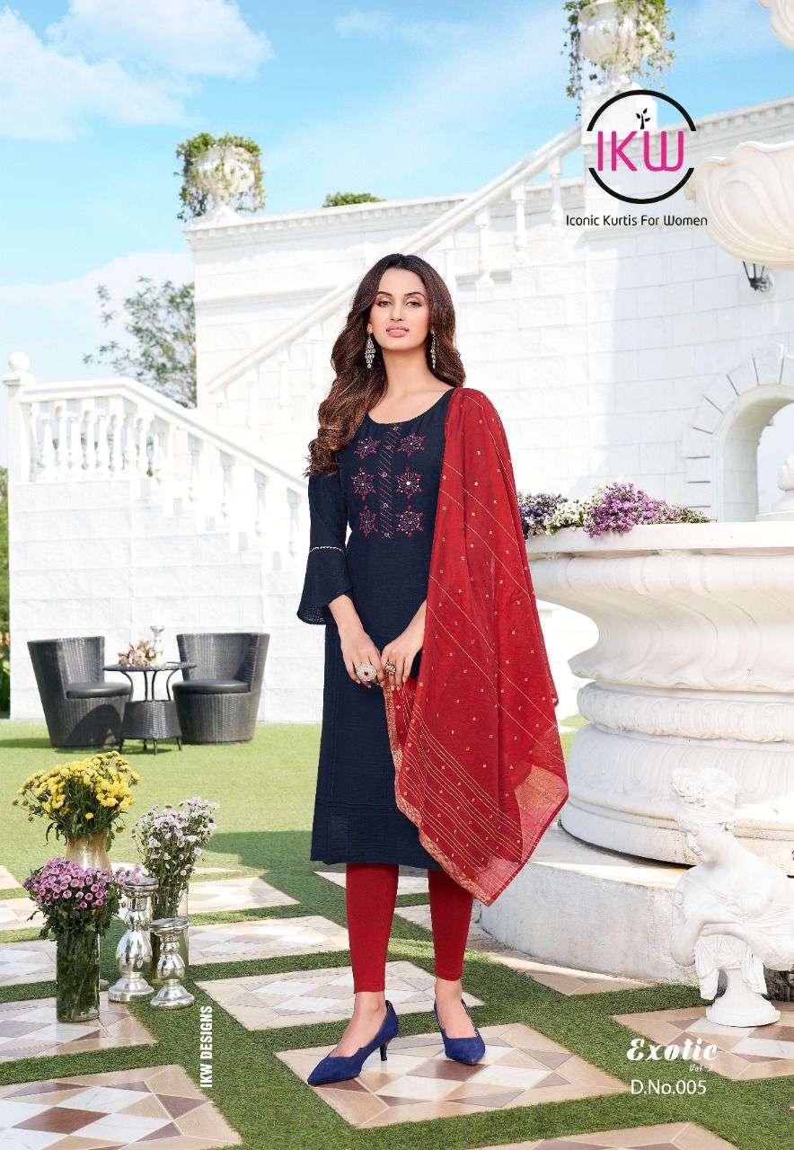 EXOTIC VOL-2 BY IKW 001 TO 006 SERIES DESIGNER STYLISH FANCY COLORFUL BEAUTIFUL PARTY WEAR & ETHNIC WEAR COLLECTION NYLON VISCOSE KURTIS WITH DUPATTA AT WHOLESALE PRICE