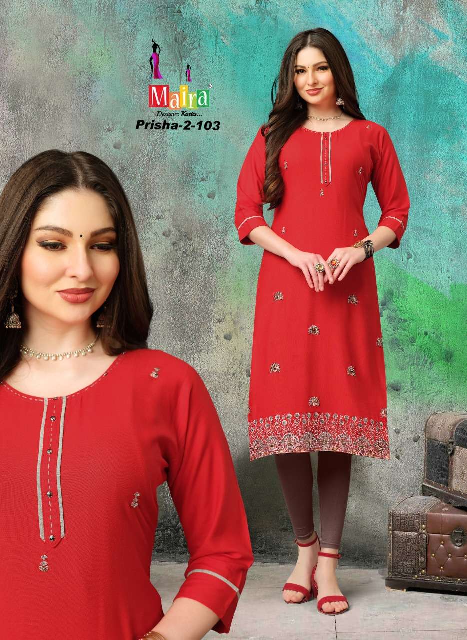 PRISHA VOL-2 BY MAIRA 101 TO 108 SERIES DESIGNER STYLISH FANCY COLORFUL BEAUTIFUL PARTY WEAR & ETHNIC WEAR COLLECTION RAYON WITH WORK KURTIS AT WHOLESALE PRICE