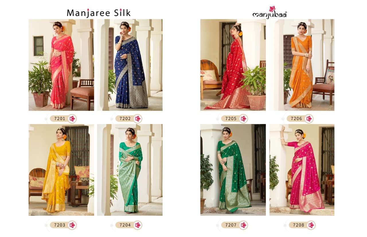 MANJAREE SILK BY MANJUBAA CLOTHING 7201 TO 7208 SERIES INDIAN TRADITIONAL WEAR COLLECTION BEAUTIFUL STYLISH FANCY COLORFUL PARTY WEAR & OCCASIONAL WEAR SOFT SILK SAREES AT WHOLESALE PRICE