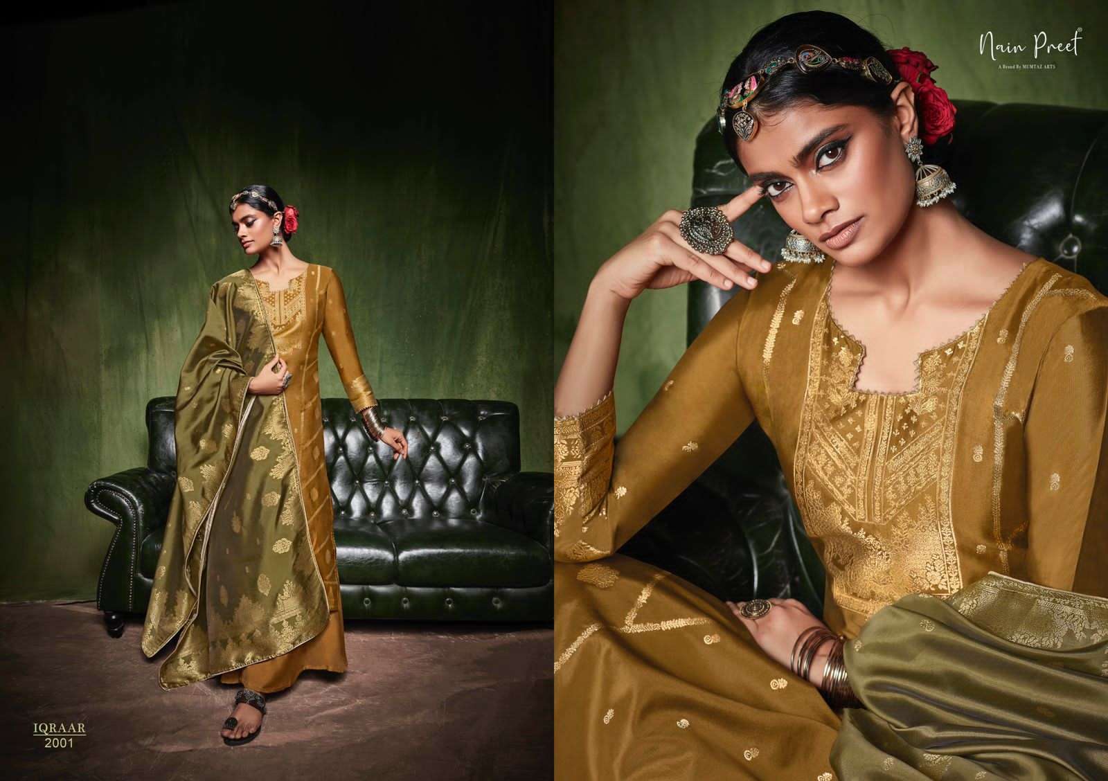 IQRAAR BY NAIN PREET 2001 TO 2006 SERIES BEAUTIFUL SUITS COLORFUL STYLISH FANCY CASUAL WEAR & ETHNIC WEAR SILK JACQUARD DRESSES AT WHOLESALE PRICE