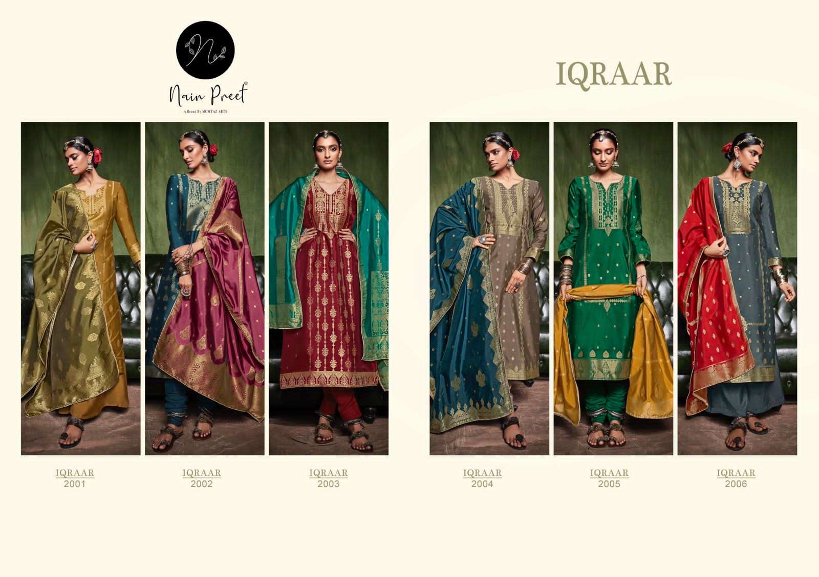 IQRAAR BY NAIN PREET 2001 TO 2006 SERIES BEAUTIFUL SUITS COLORFUL STYLISH FANCY CASUAL WEAR & ETHNIC WEAR SILK JACQUARD DRESSES AT WHOLESALE PRICE
