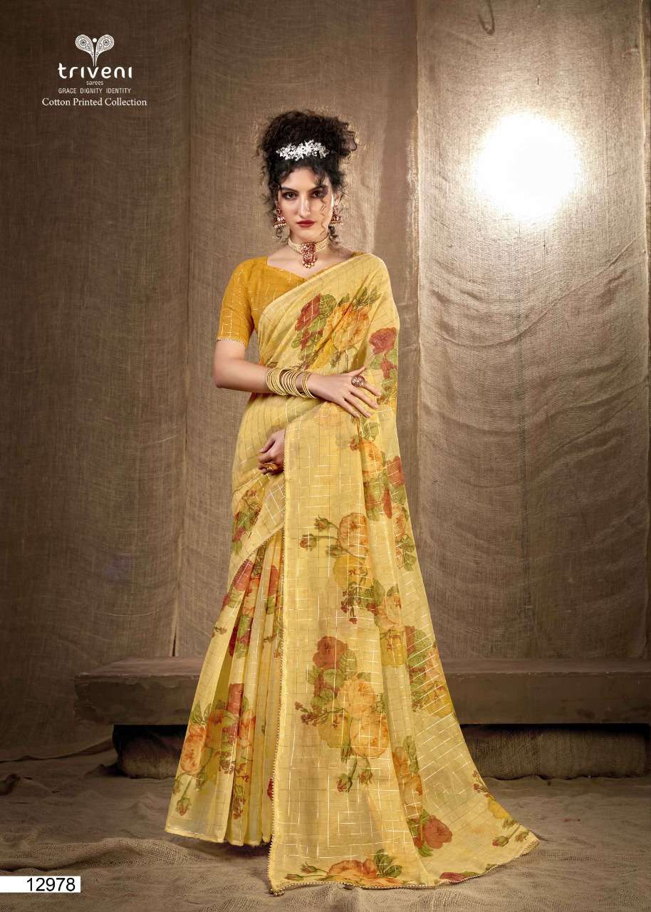 KASHISHWARI BY TRIVENI 12977 TO 12984 SERIES INDIAN TRADITIONAL WEAR COLLECTION BEAUTIFUL STYLISH FANCY COLORFUL PARTY WEAR & OCCASIONAL WEAR LINEN COTTON SAREES AT WHOLESALE PRICE