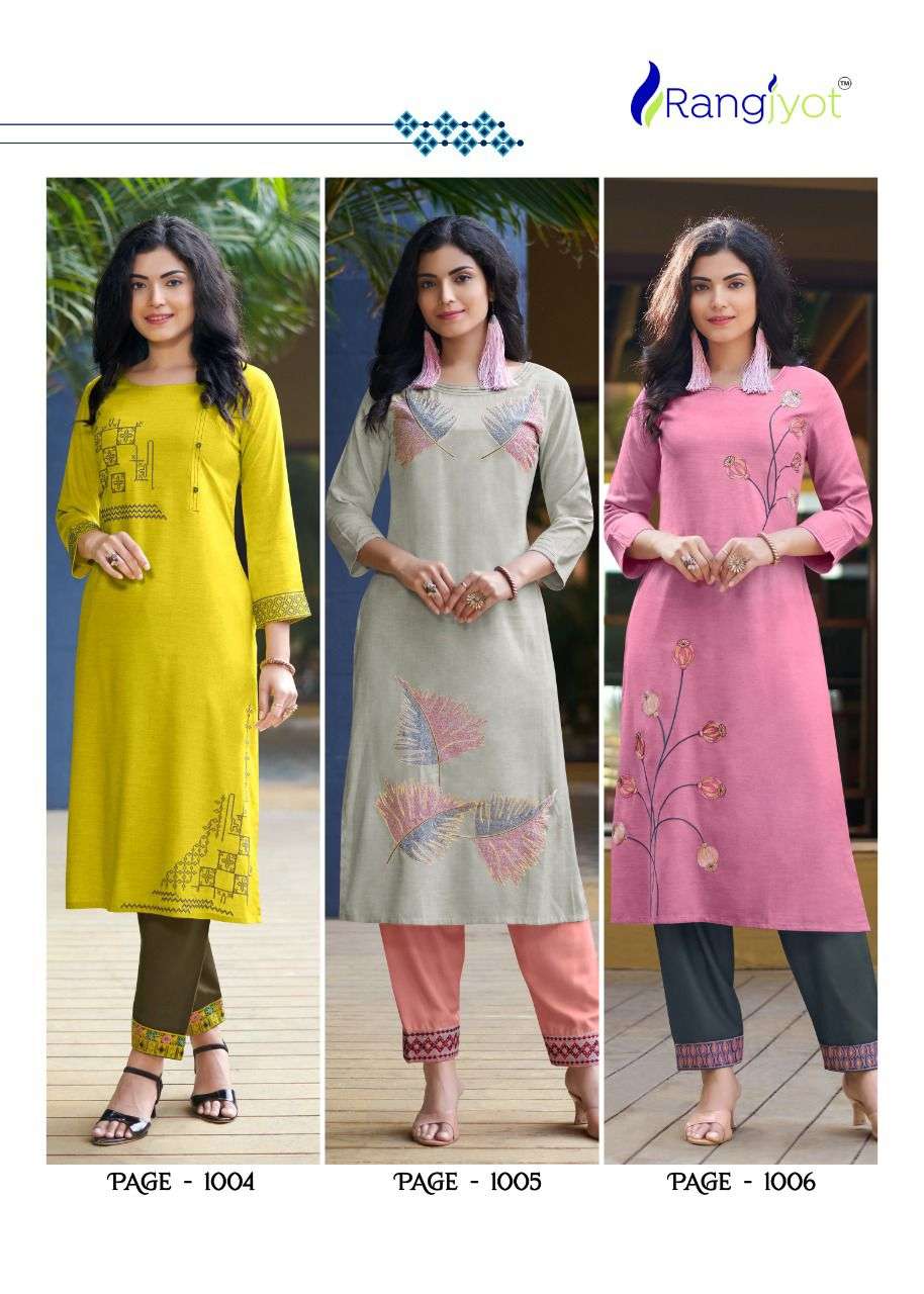 JASMIN BY RANGJYOT FASHION 1001 TO 1006 SERIES DESIGNER STYLISH FANCY COLORFUL BEAUTIFUL PARTY WEAR & ETHNIC WEAR COLLECTION RAYON KURTIS WITH BOTTOM AT WHOLESALE PRICE
