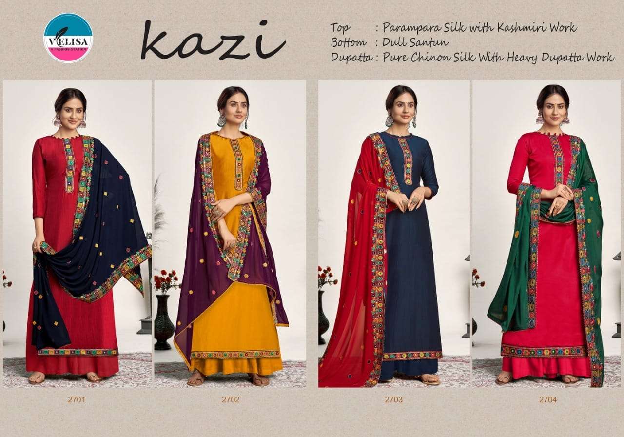 KAZI BY VELISA 2701 TO 2704 SERIES BEAUTIFUL STYLISH SHARARA SUITS FANCY COLORFUL CASUAL WEAR & ETHNIC WEAR & READY TO WEAR PURE PARAMPARA SILK DRESSES AT WHOLESALE PRICE