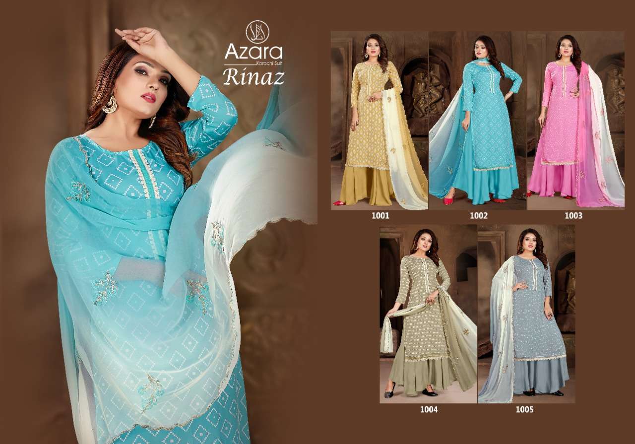 RINAZ BY AZARA 1001 TO 1005 SERIES BEAUTIFUL STYLISH SUITS FANCY COLORFUL CASUAL WEAR & ETHNIC WEAR & READY TO WEAR HEAVY CREPE PRINTED DRESSES AT WHOLESALE PRICE
