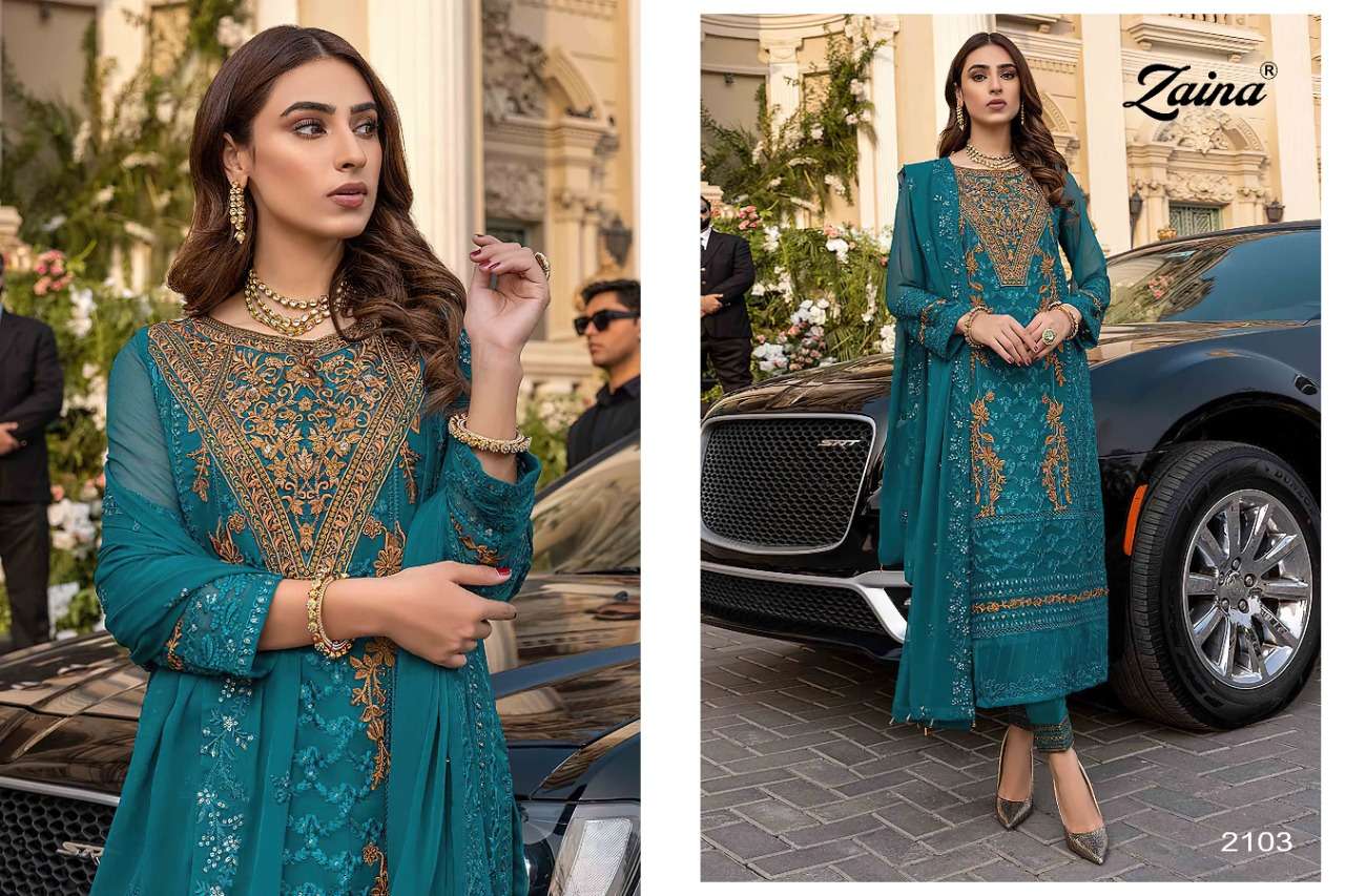 ZAINA VOL-19 BY PRIYAM 2101 TO 2104 SERIES DESIGNER PAKISTANI SUITS BEAUTIFUL STYLISH FANCY COLORFUL PARTY WEAR & OCCASIONAL WEAR FAUX GEORGETTE DRESSES AT WHOLESALE PRICE