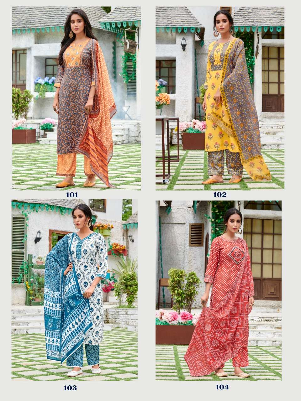 BASANT BY LILY 105 TO 108 SERIES BEAUTIFUL SUITS COLORFUL STYLISH FANCY CASUAL WEAR & ETHNIC WEAR LINEN COTTON DRESSES AT WHOLESALE PRICE